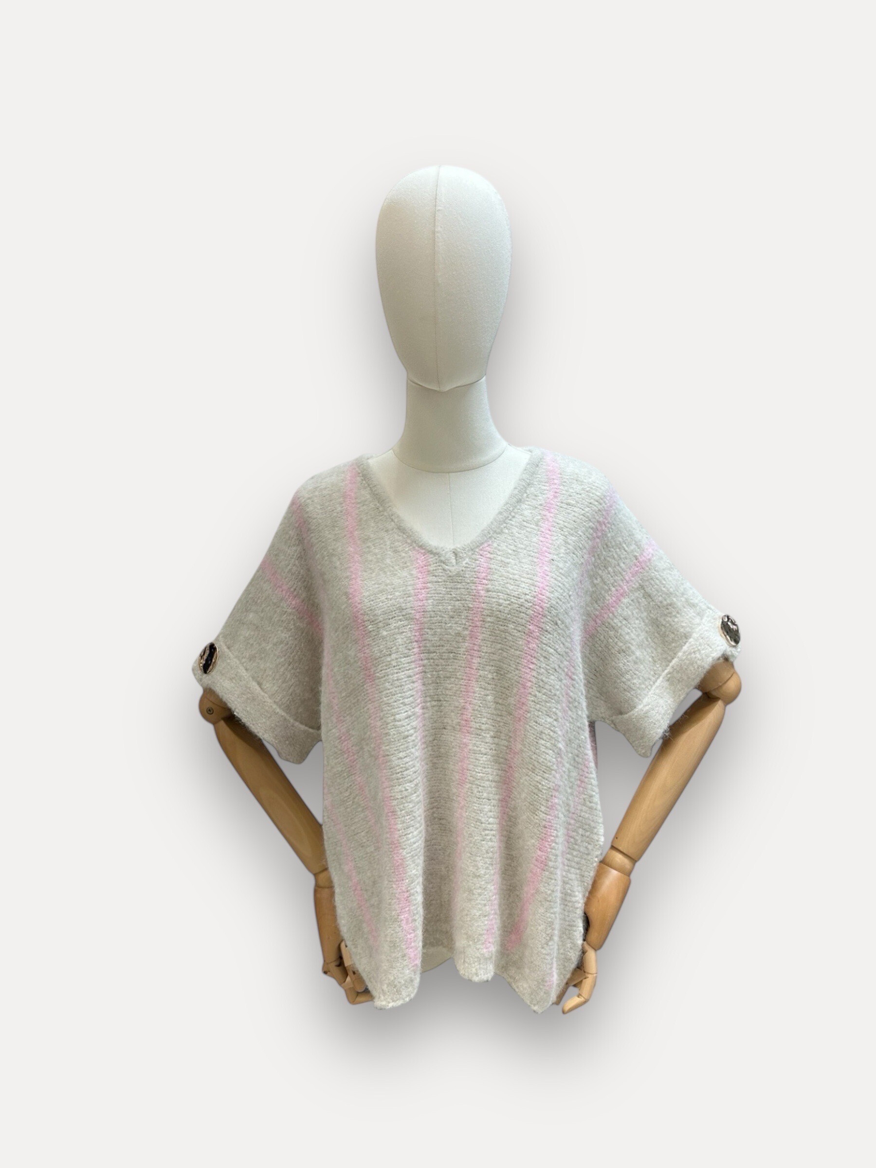 Wholesaler J&L - Short-Sleeved V-Neck Striped Knit Sweater