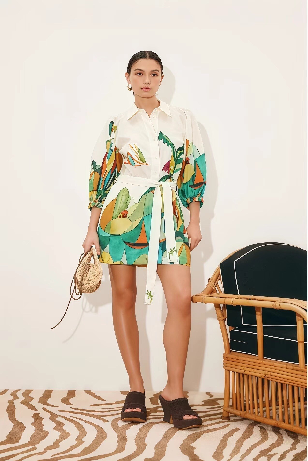 Mayorista J&L - Vestido Camisero Corto con Estampado Artístico y Cinturón