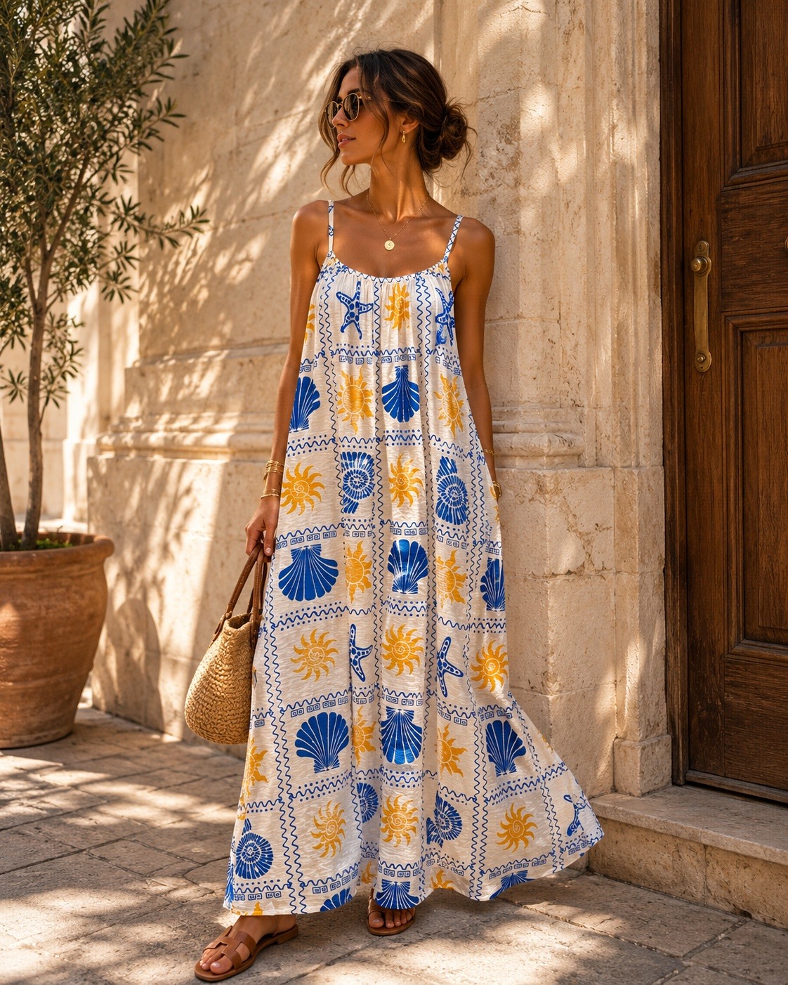 Großhändler J&L - Fließendes Langes Kleid mit Dünnen Trägern und Meeresmotiven