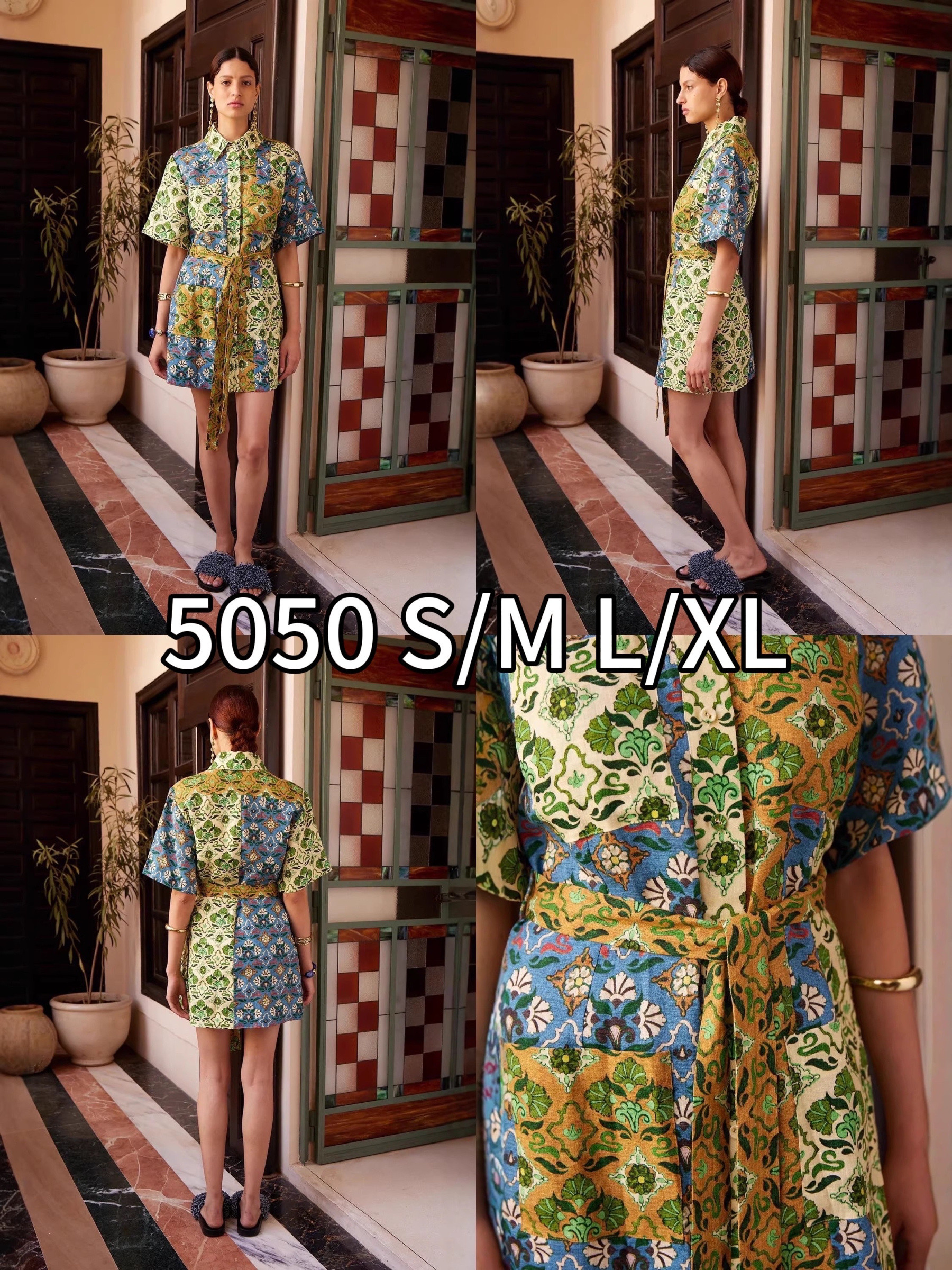 Mayorista J&L - Vestido Camisero Corto Estampado Patchwork con Cinturón para Atar