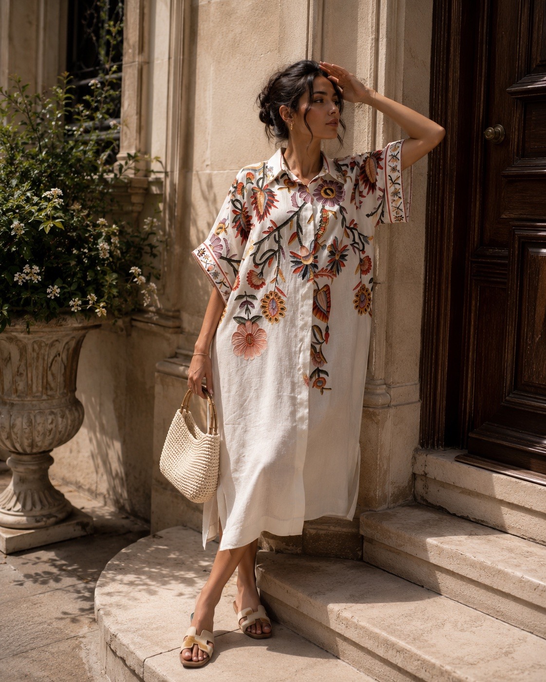 Großhändler J&L - Langes Hemdkleid mit Blumenstickerei