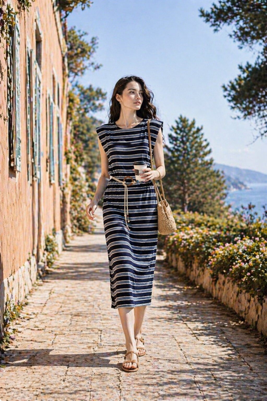 Grossista J&L - Abito Lungo Fluido a Righe con Spalle Strutturate e Cintura da Annodare