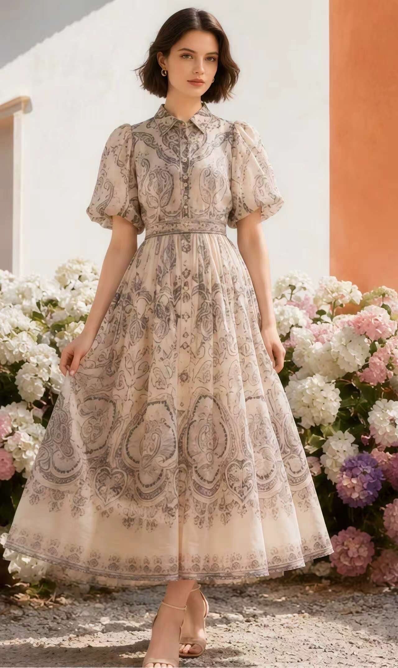 Großhändler J&L - Ausgestelltes Midikleid mit Paisleymuster und Puffärmeln
