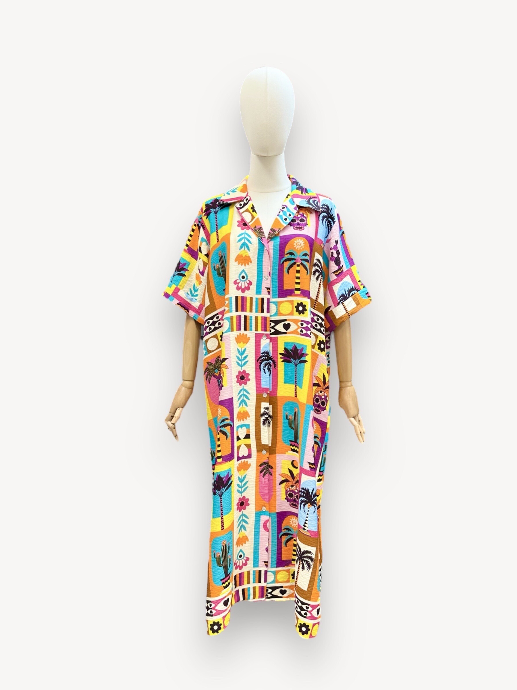 Mayorista J&L - Selena Camisa de estilo de vestido máximo con mangas cortas con estampado mexicano