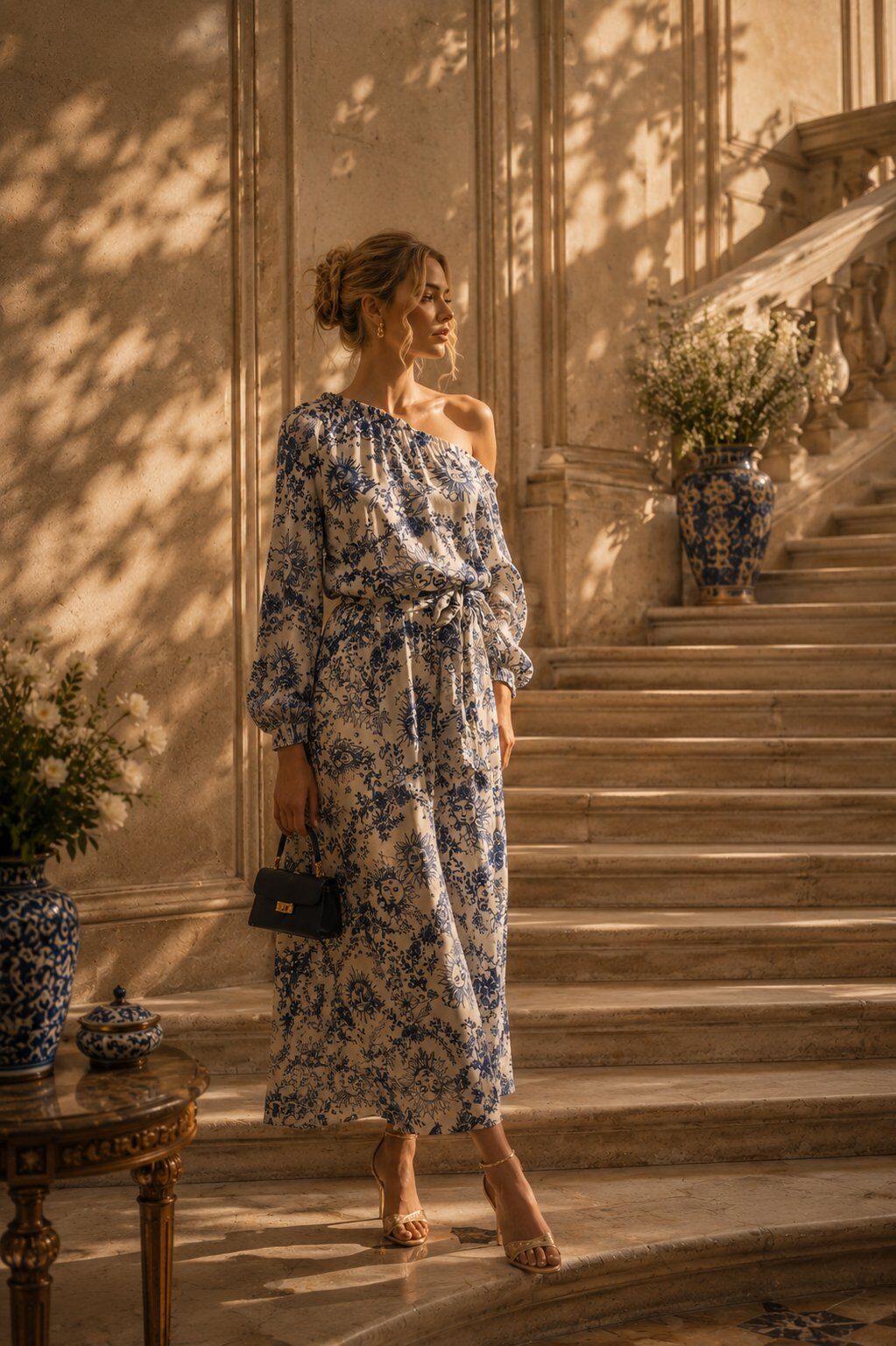 Großhändler J&L - Fließendes Maxikleid mit Grafischem Print und V-Ausschnitt