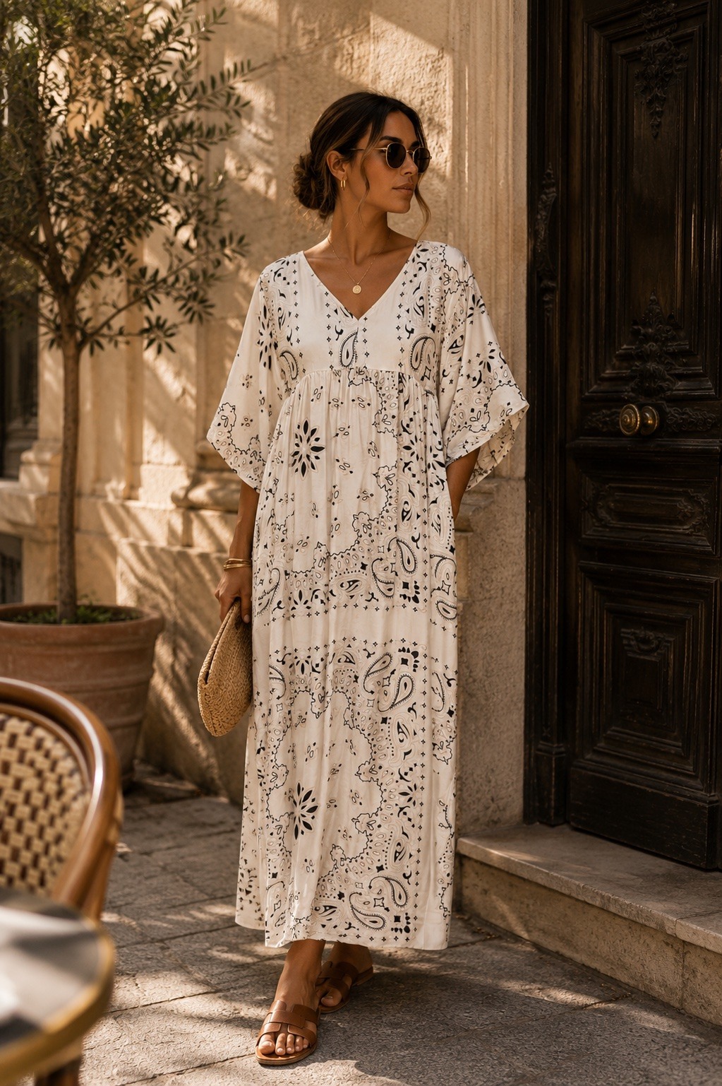 Großhändler J&L - Weit geschnittenes Midikleid mit Bandana-Print, V-Ausschnitt und kurzen, fließenden Ärmeln