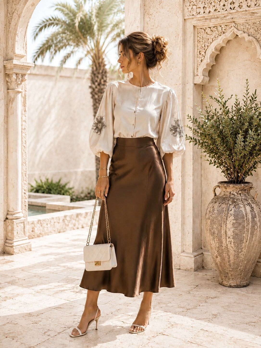 Großhändler J&L - Bestickte Satinbluse mit Puffärmeln
