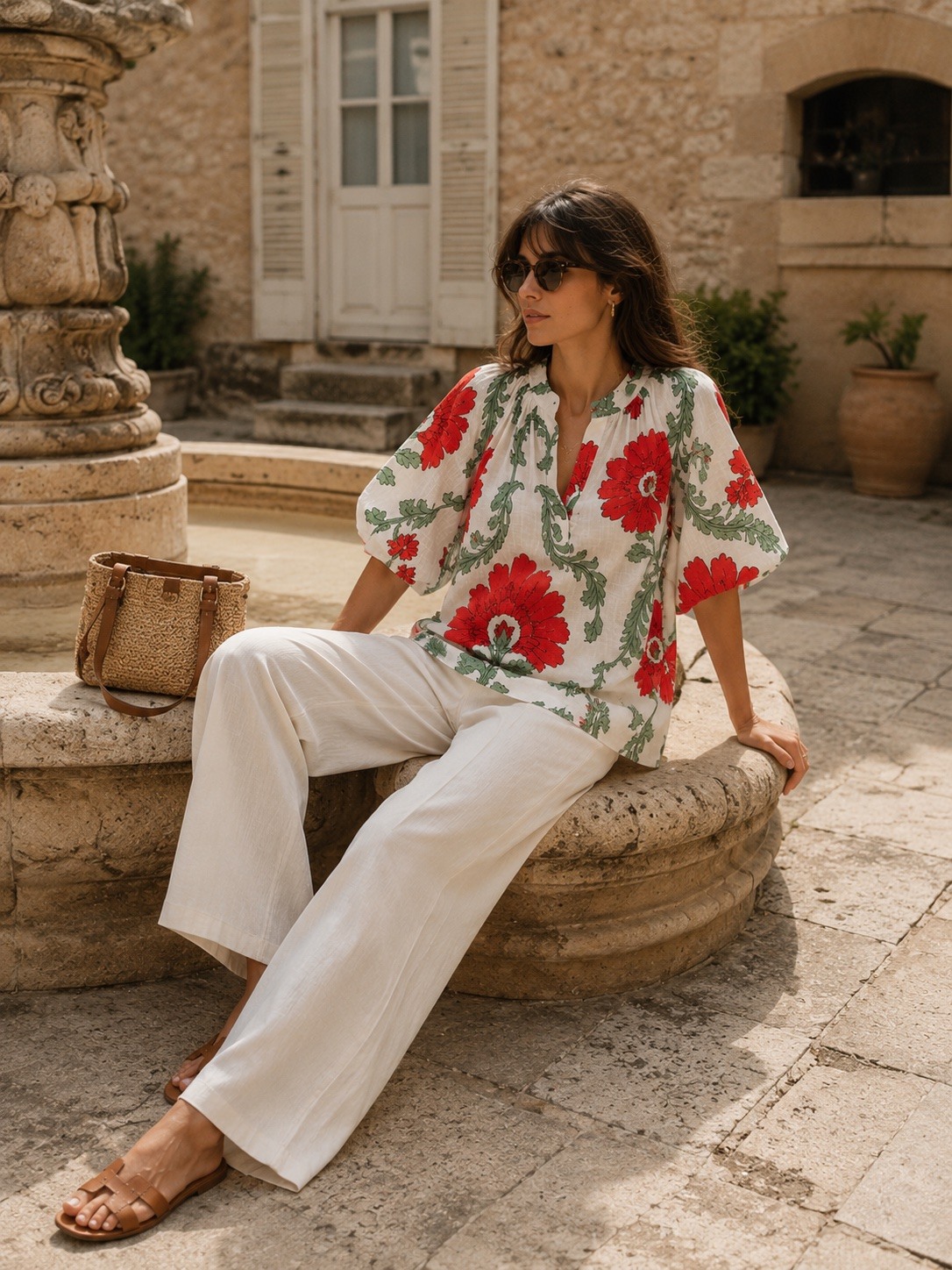 Grossista J&L - Top Floreale Ampio con Maniche a Sbuffo e Scollo a V