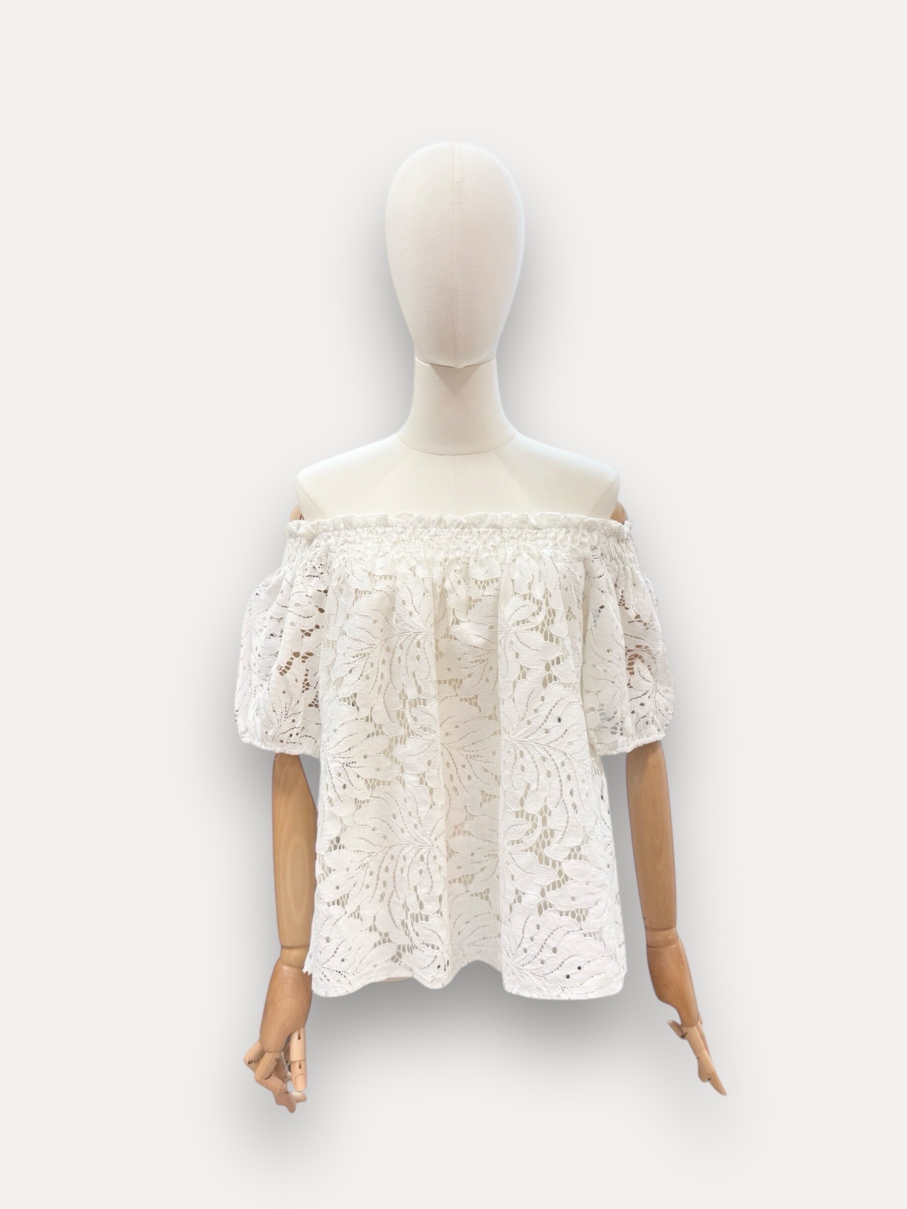 Wholesaler J&L - Bardot collar top with short sleeves in English embroidery