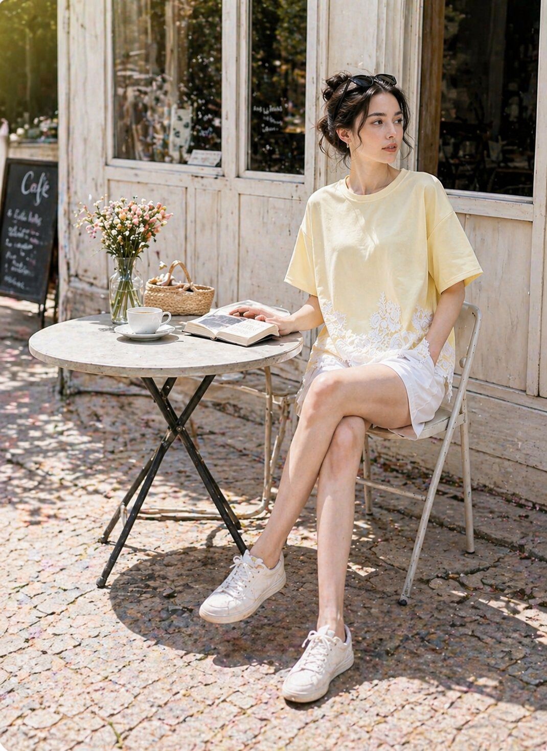 Großhändler J&L - Weit geschnittenes Kurzarm-T-Shirt mit Blumen-Spitzenbesatz