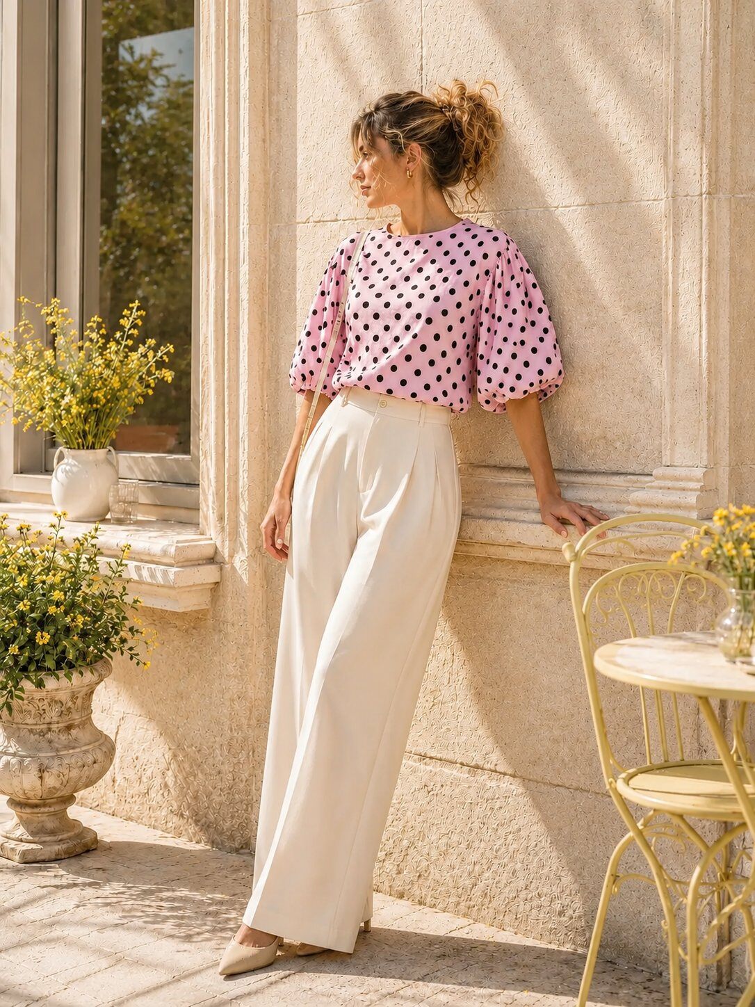 Grossiste J&L - Top oversize avec manche bouffante imprimée point