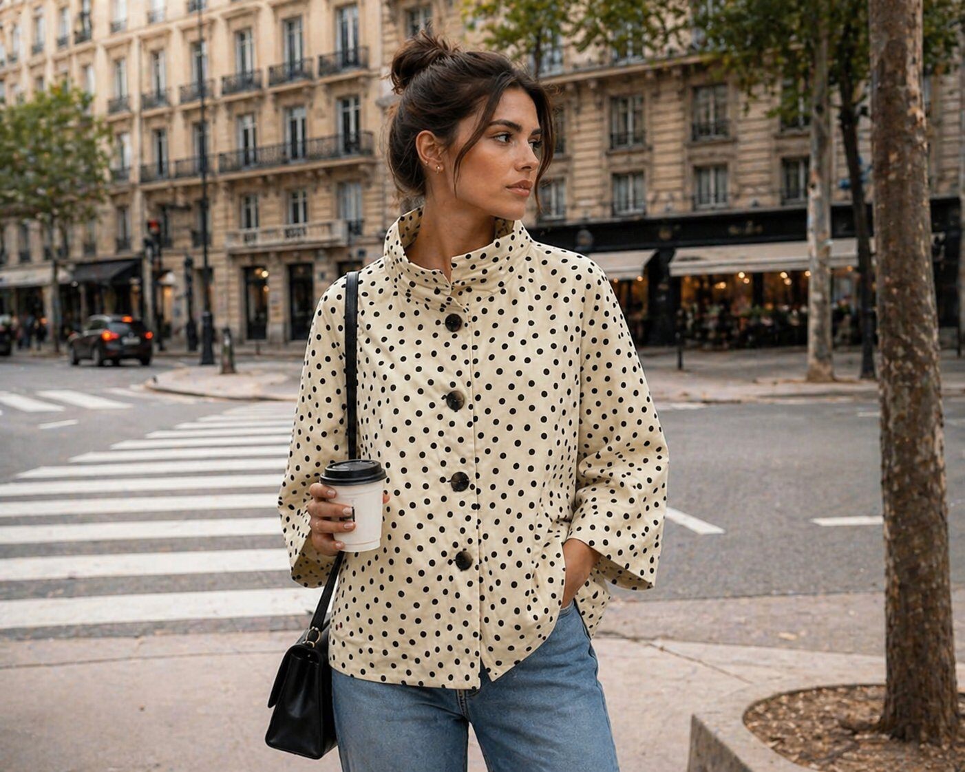 Mayorista J&L - Chaqueta Ligera de Lunares con Cuello Alto y Abotonado Estructurado