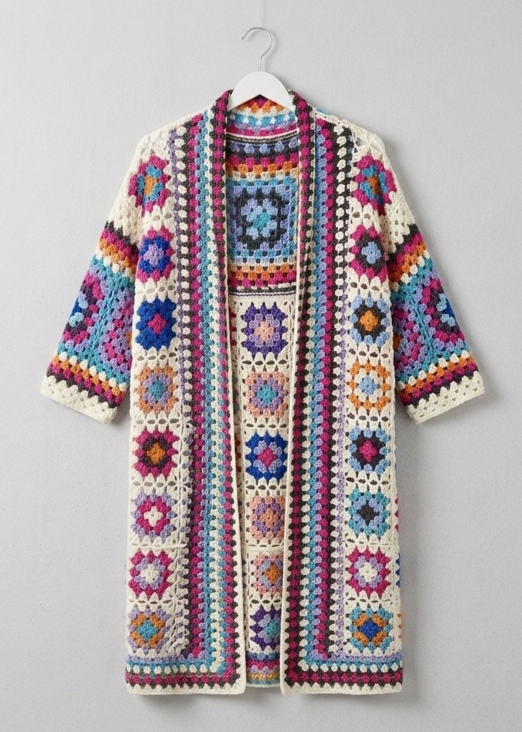 Wholesaler J MODA - Long Crochet Granny Square Cardigan