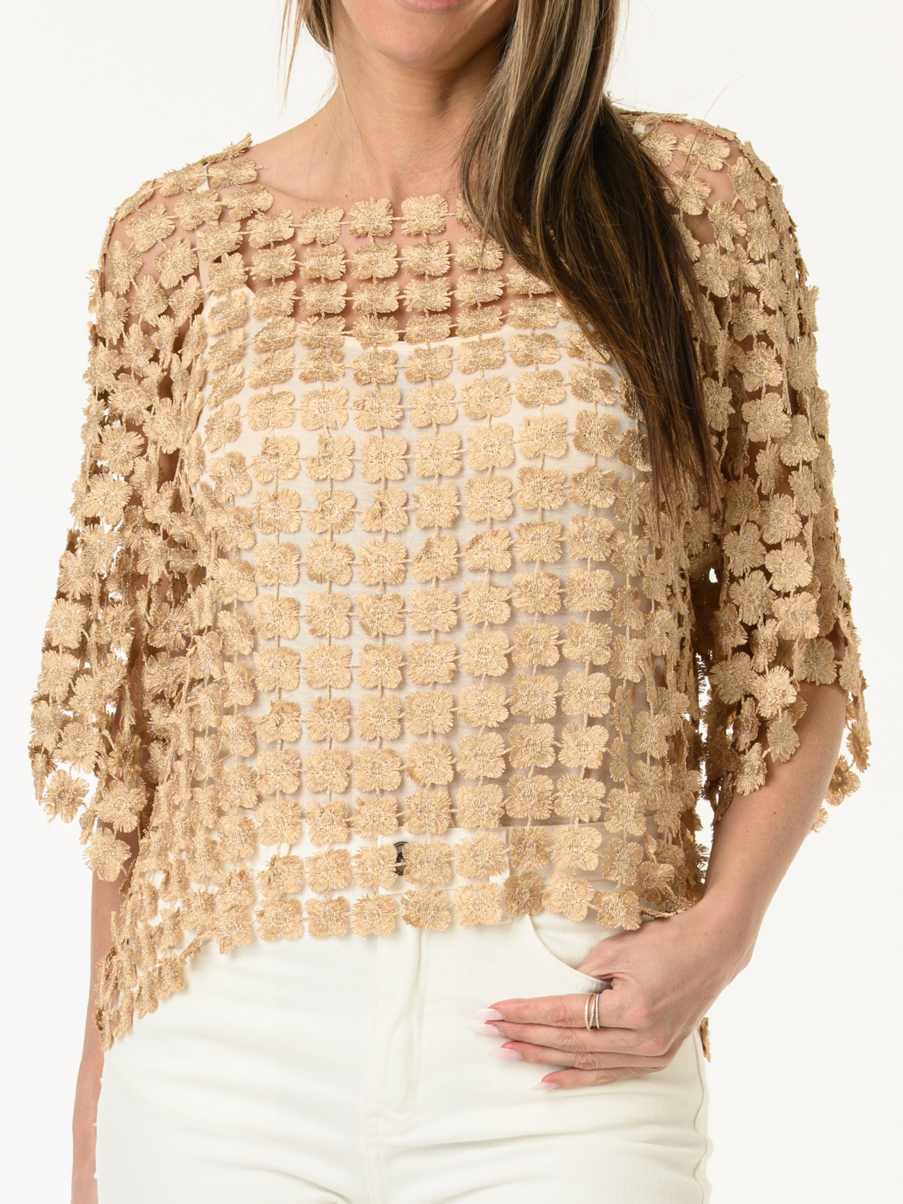 Wholesaler J MODA - Flower & Mesh Cutout Top