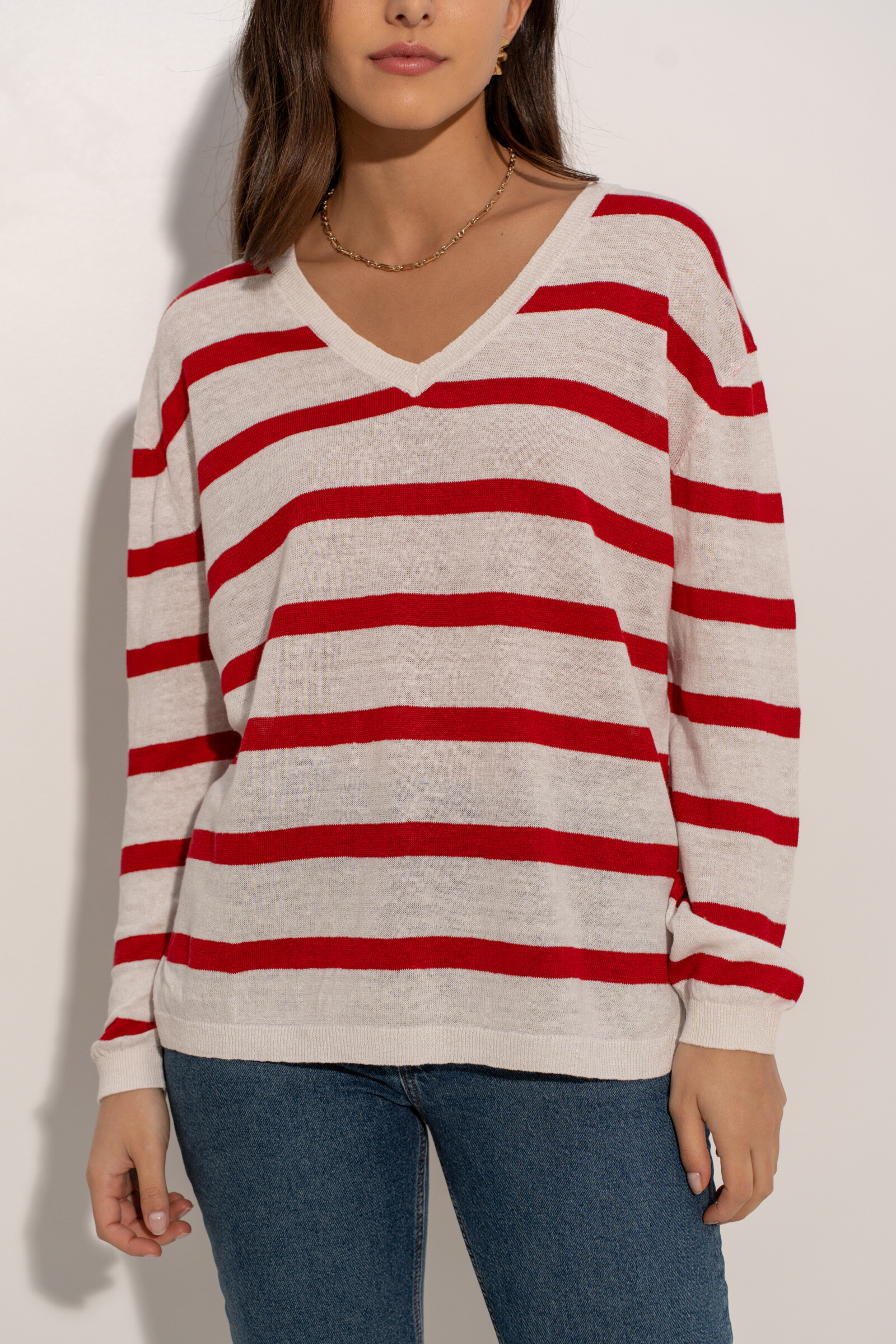 Grossiste J&W Paris - Pull marinière oversize en lin tricoté encolure V