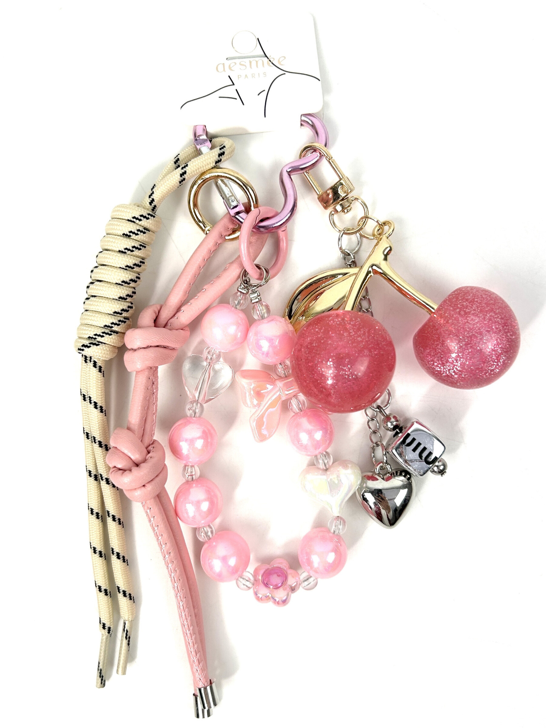 Grossiste Jade&Clarisse - PORTÉ CLÉ SAC GRIGRI ULTRA MIGNON CERISES ROSES EN VERRE