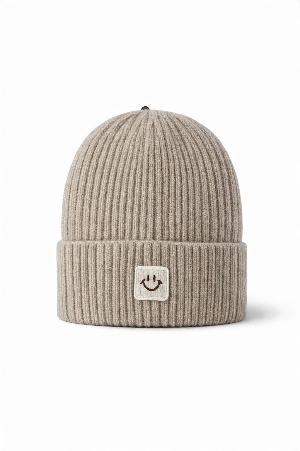 Mayorista JAMILLA - Gorro de punto acanalado con vuelta y parche bordado con cara sonriente