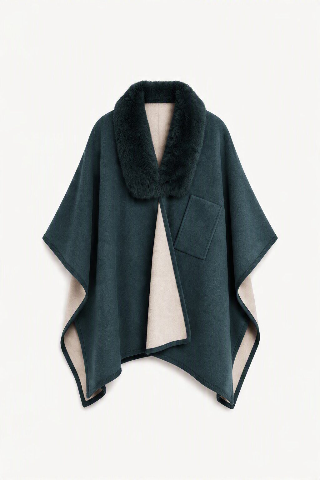 Grossiste JAMILLA - Cape Poncho Ouverte avec Col en Fausse Fourrure et Poche