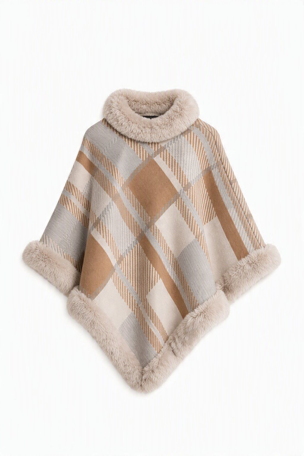 Grossiste JAMILLA - Poncho Cape à Carreaux Tartan avec Col et Bords en Fausse Fourrure