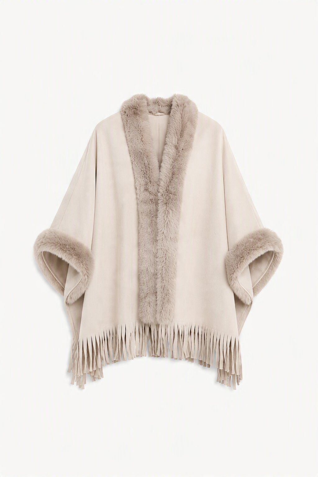 Grossiste JAMILLA - Cape Cardigan Ouvert en Drap avec Fausse Fourrure et Franges