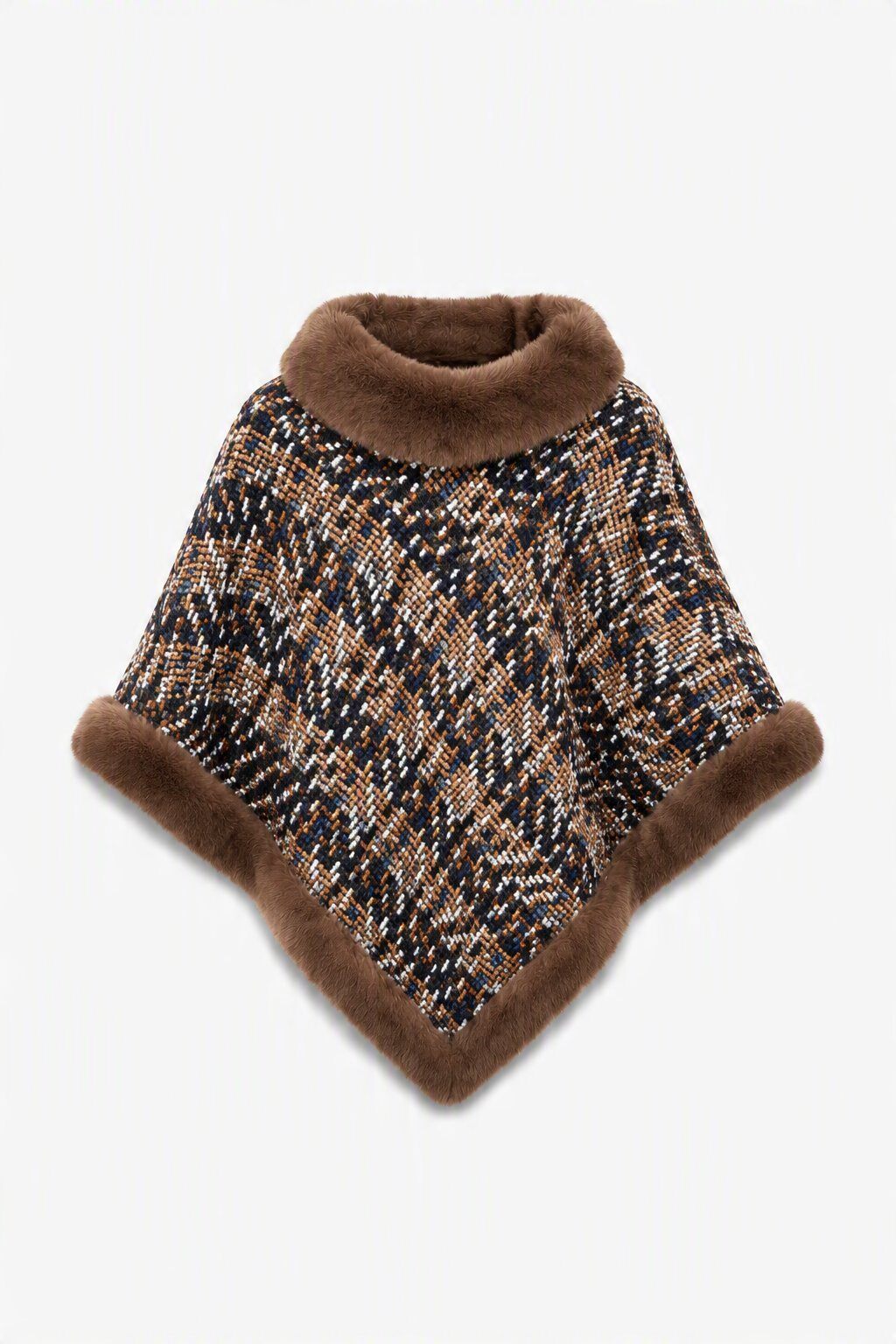 Grossiste JAMILLA - Poncho en Maille Tweed Multicolore avec Fausse Fourrure