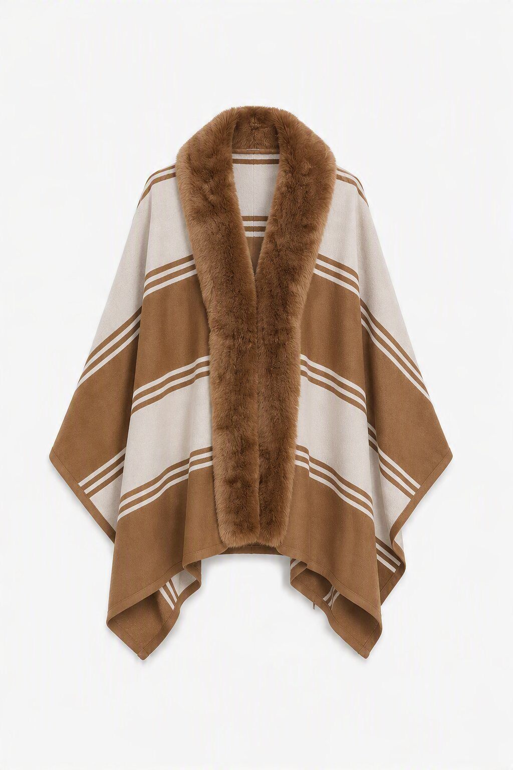 Grossiste JAMILLA - Cape Cardigan Ouvert à Rayures avec Col Châle en Fausse Fourrure