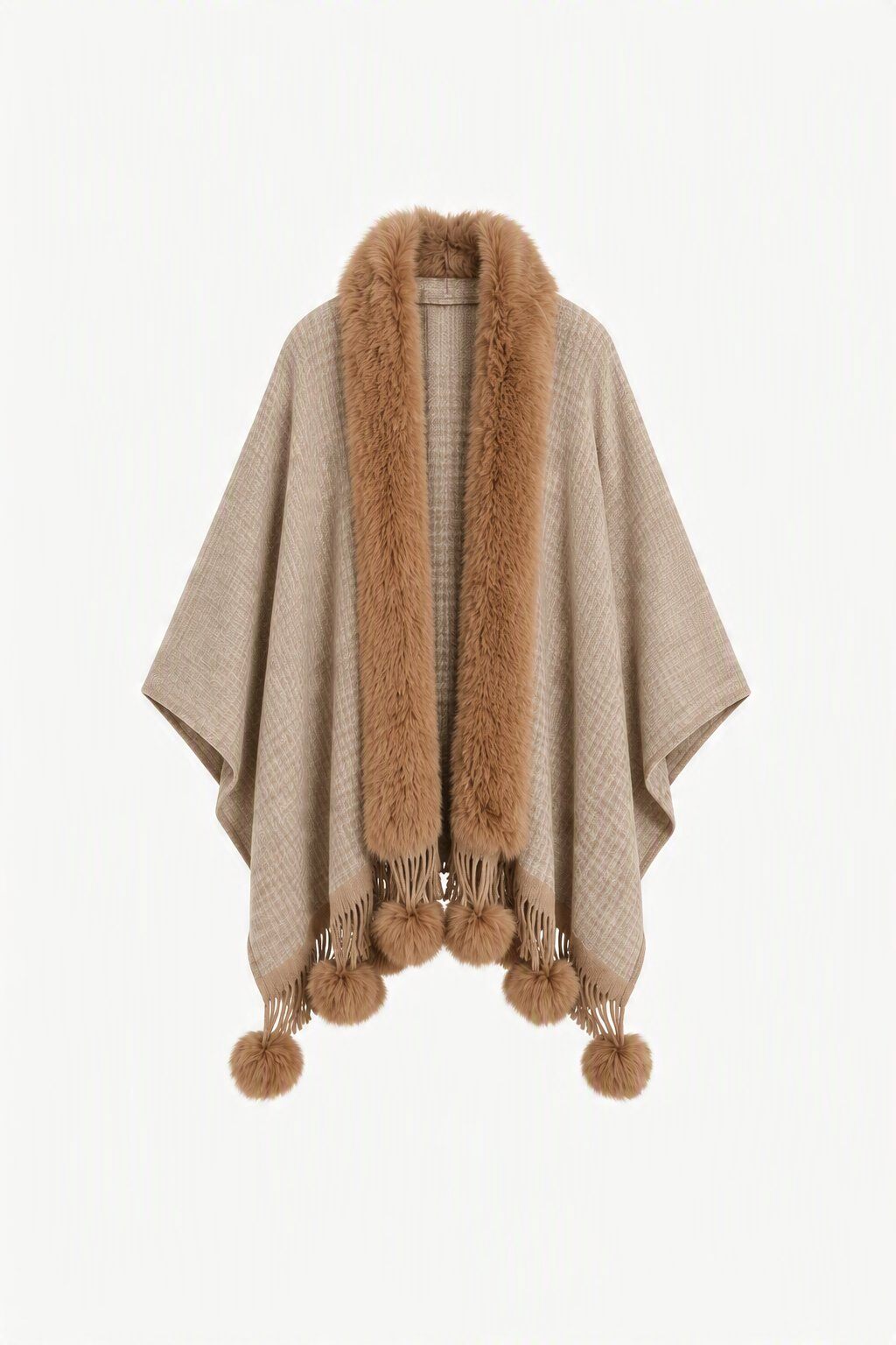 Grossiste JAMILLA - Poncho Cape Ouvert avec Col en Fausse Fourrure, Franges et Pompons