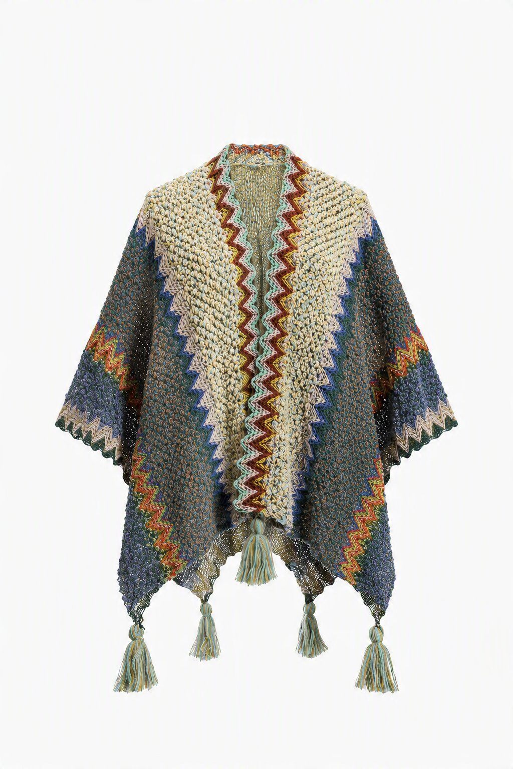 Grossiste JAMILLA - Cape Cardigan Ouverte Multicolore en Maille Géométrique Zig-Zag avec Franges