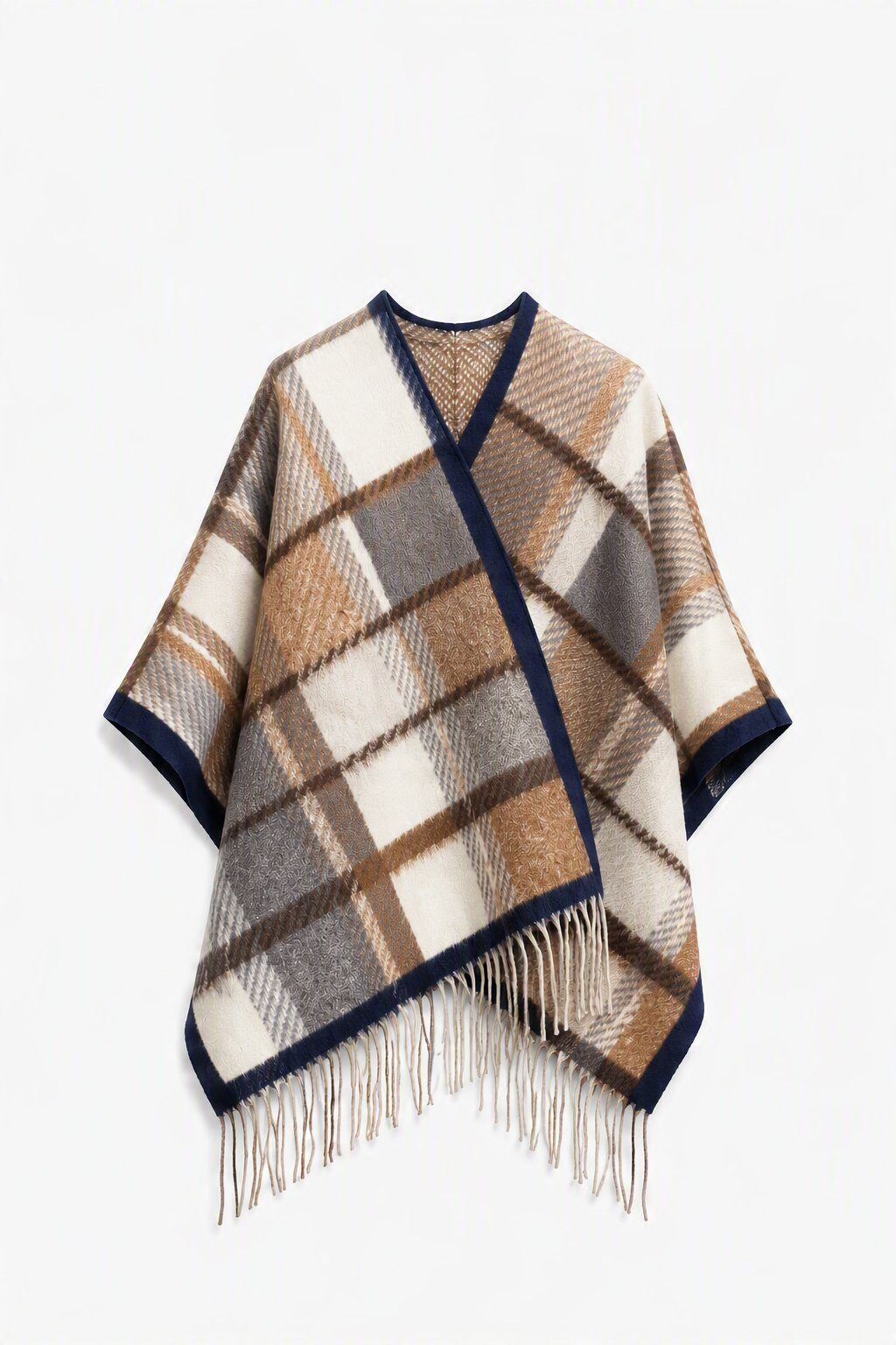 Grossista JAMILLA - Mantella Poncho Aperta a Quadri Tartan con Frange