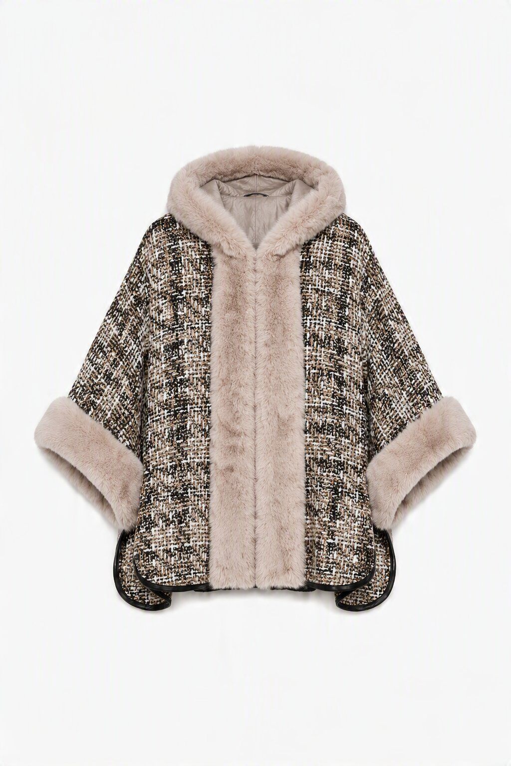 Grossista JAMILLA - Mantella Poncho Invernale in Tweed con Cappuccio e Eco-Pelliccia