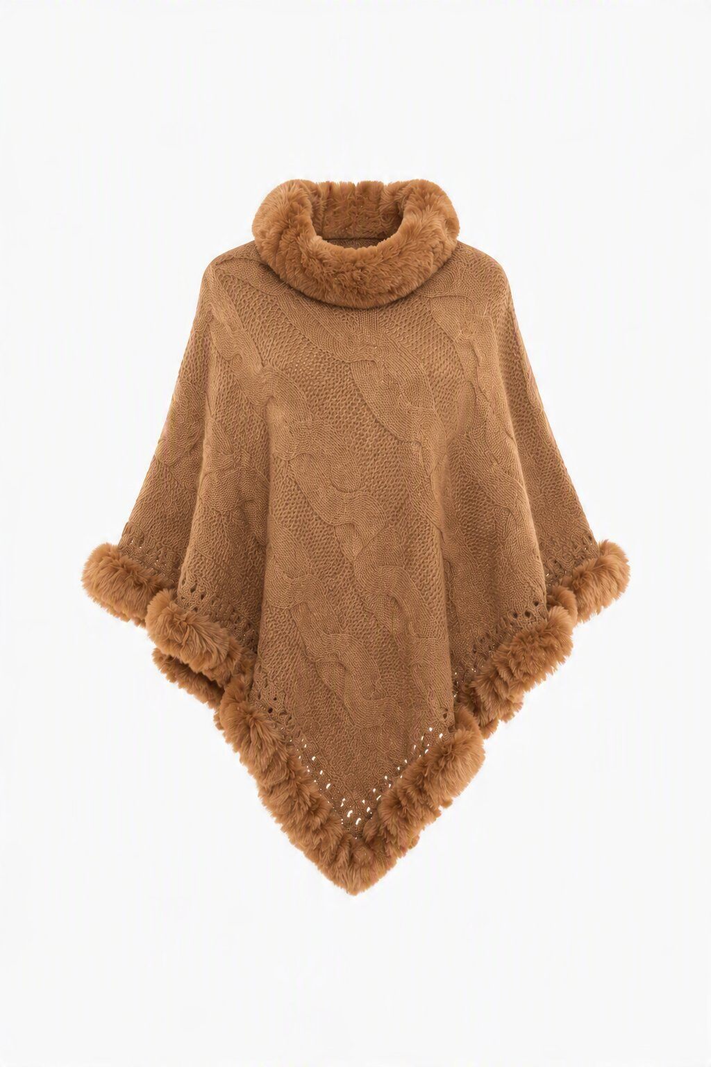 Grossista JAMILLA - Mantella Poncho in Maglia con Collo e Bordi in Eco-Pelliccia