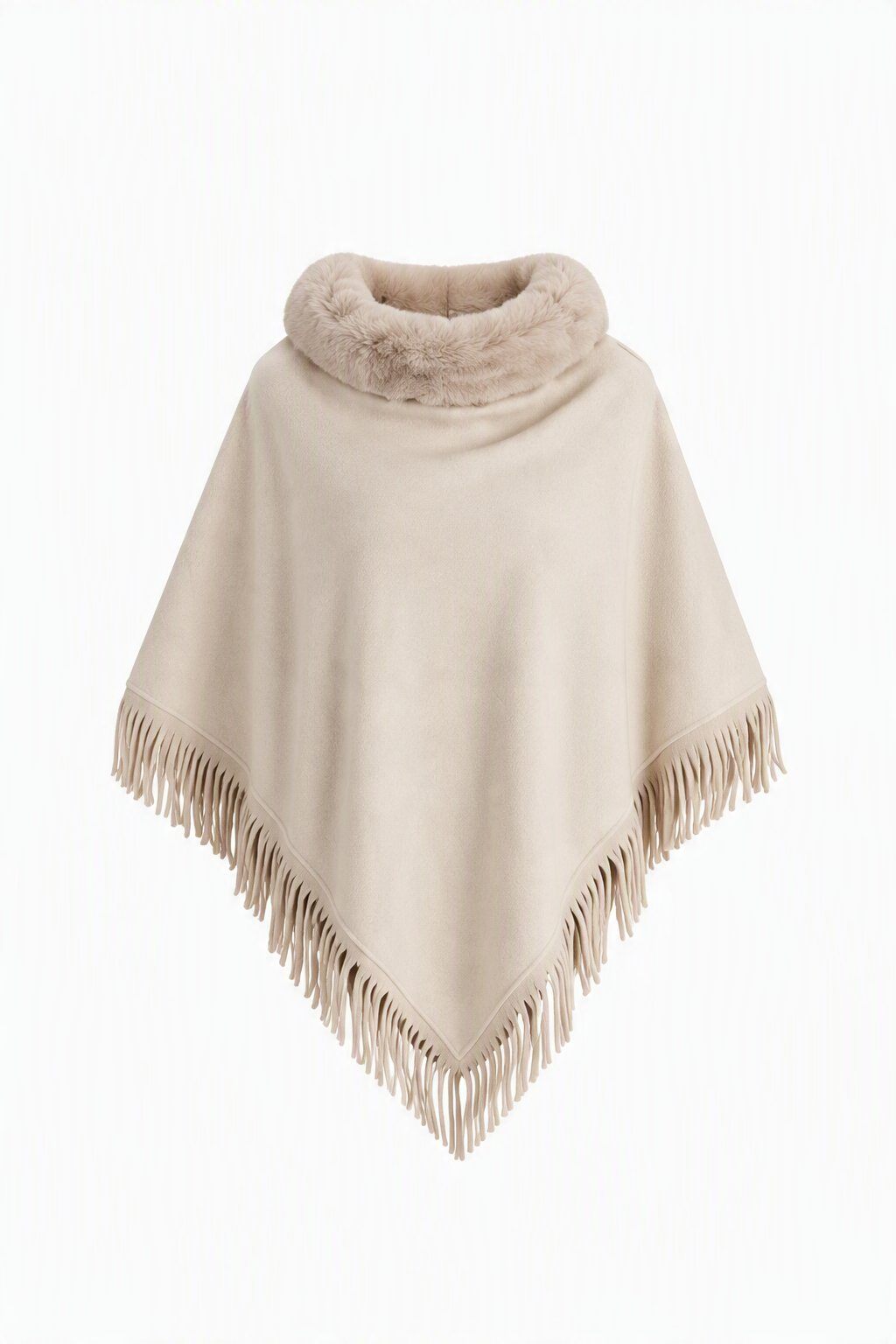 Grossista JAMILLA - Mantella Poncho con Frange e Collo in Eco-Pelliccia