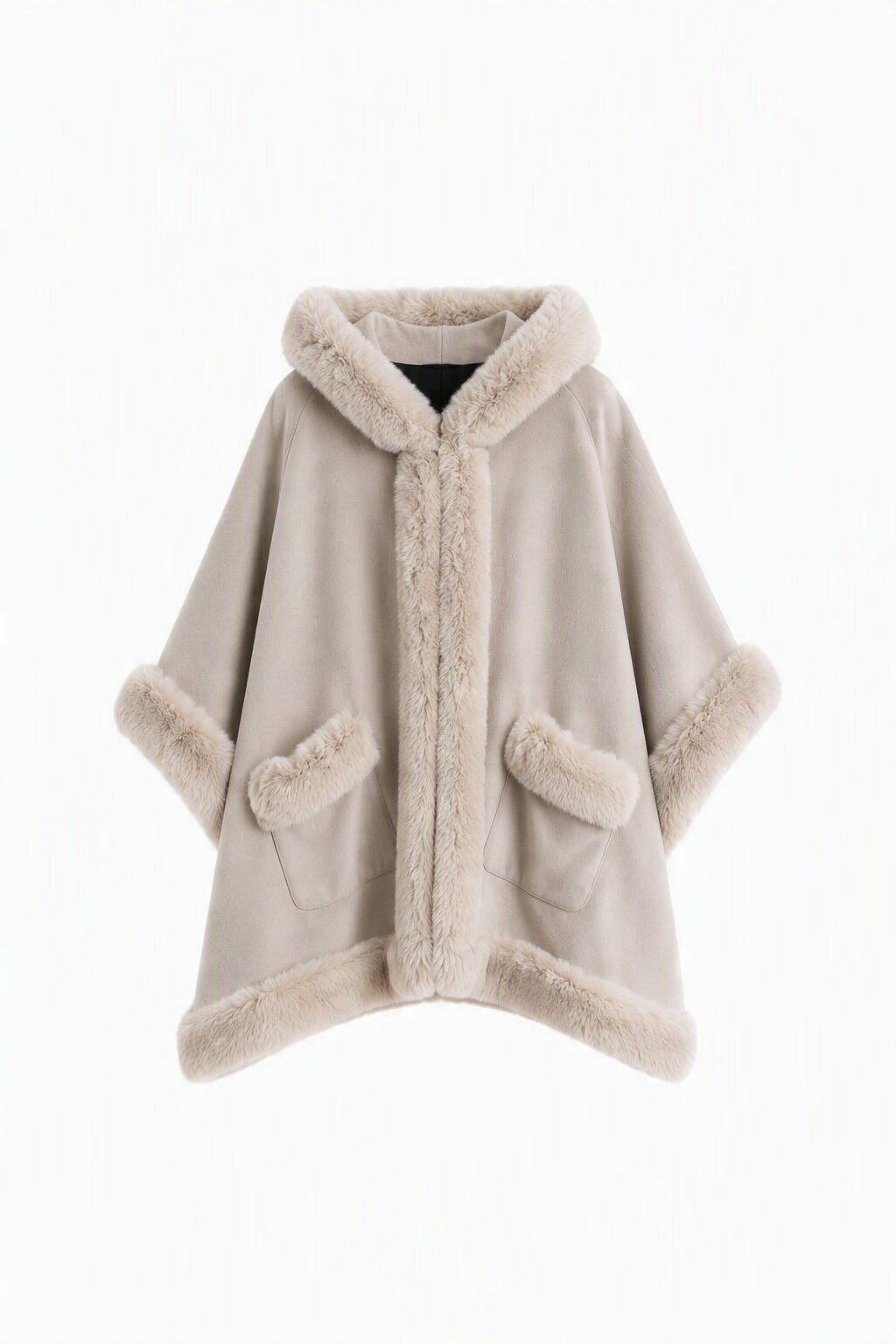 Grossiste JAMILLA - Poncho d'Hiver avec Capuche, Poches et Bords en Fausse Fourrure