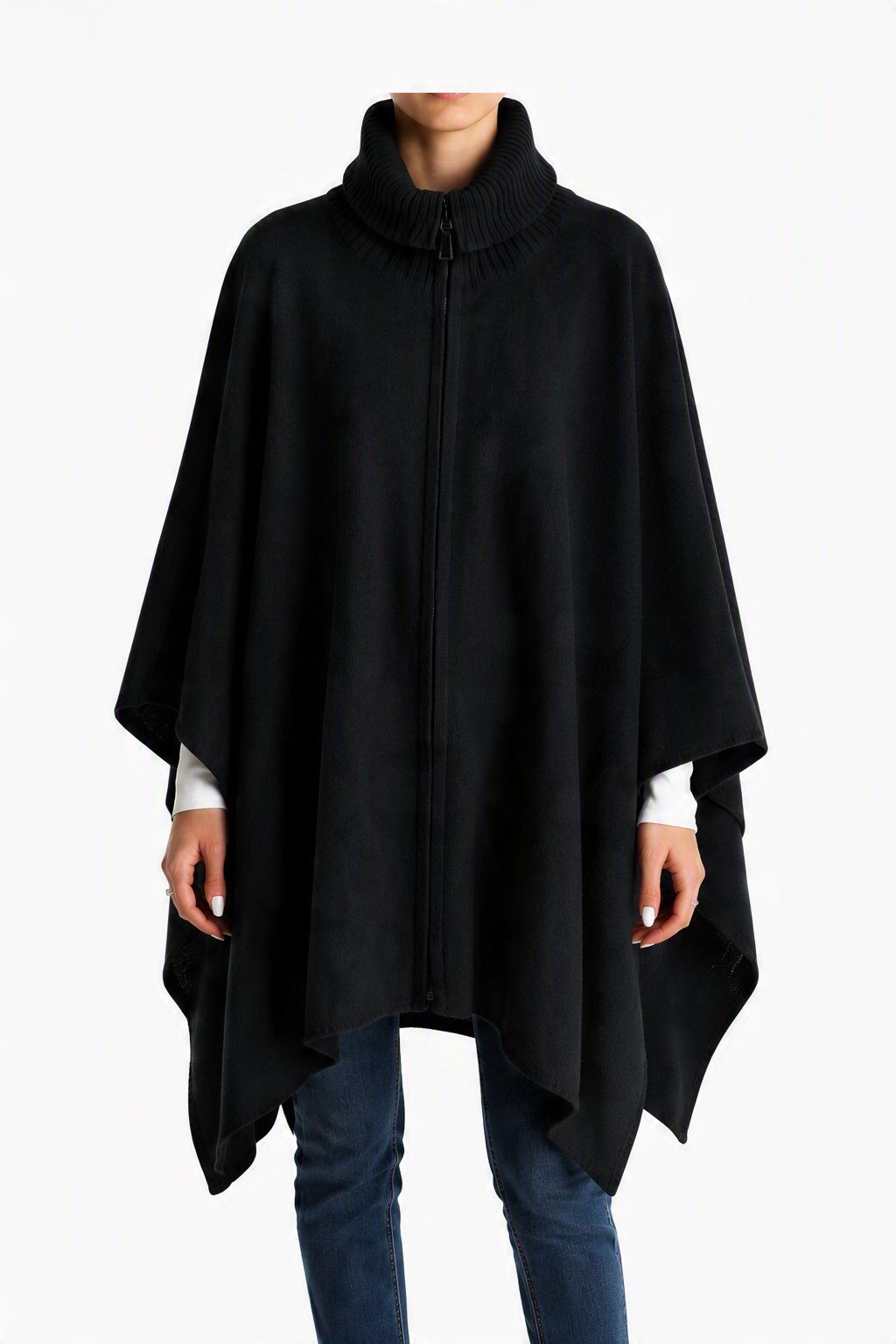 Grossiste JAMILLA - Poncho Manteau Hiver avec Fermeture Éclair Intégrale et Col Montant à Côtes