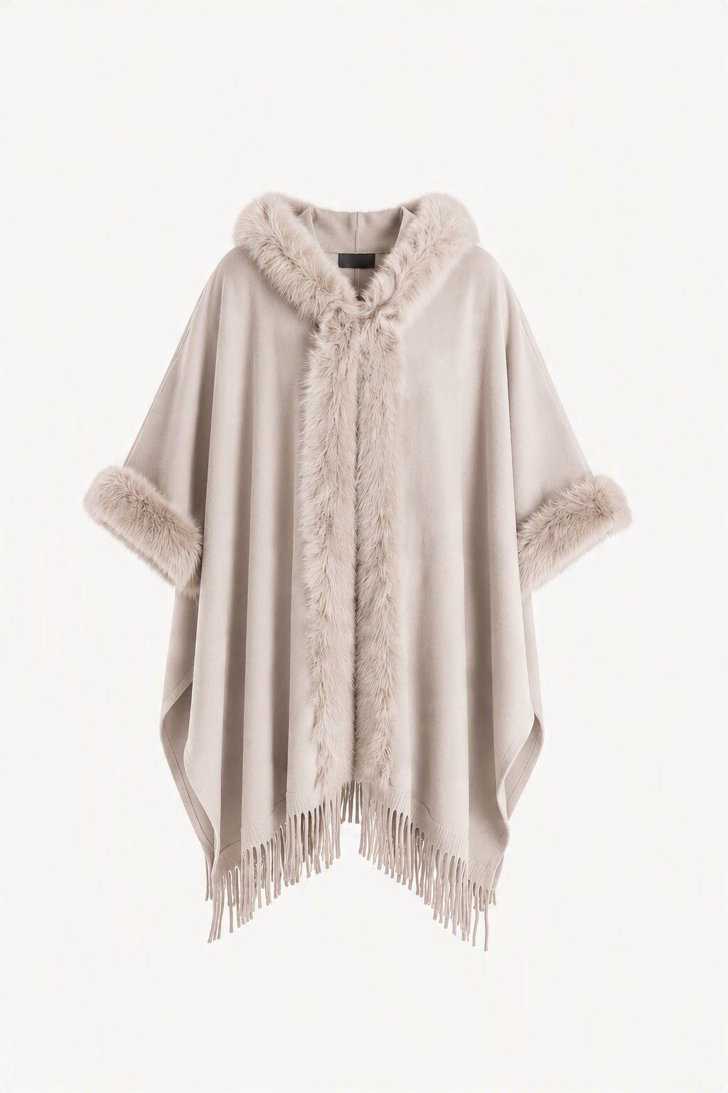 Grossiste JAMILLA - Cape Poncho Hivernal avec Capuche, Fourrure Écologique et Franges