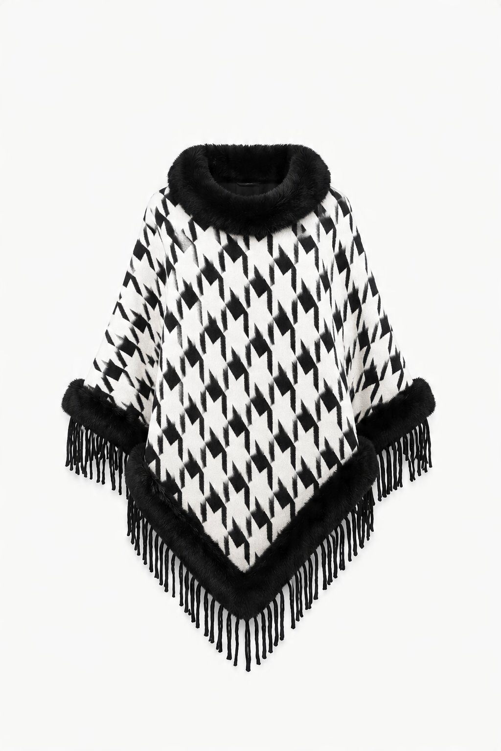 Grossista JAMILLA - Mantella Poncho in Pied de Poule con Frange e Bordi in Eco-Pelliccia