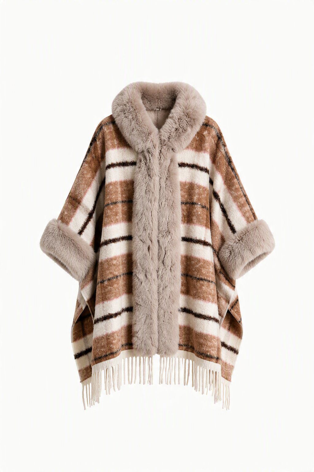 Grossista JAMILLA - Mantella Cardigan Aperta a Righe Orizzontali con Eco-Pelliccia e Frange