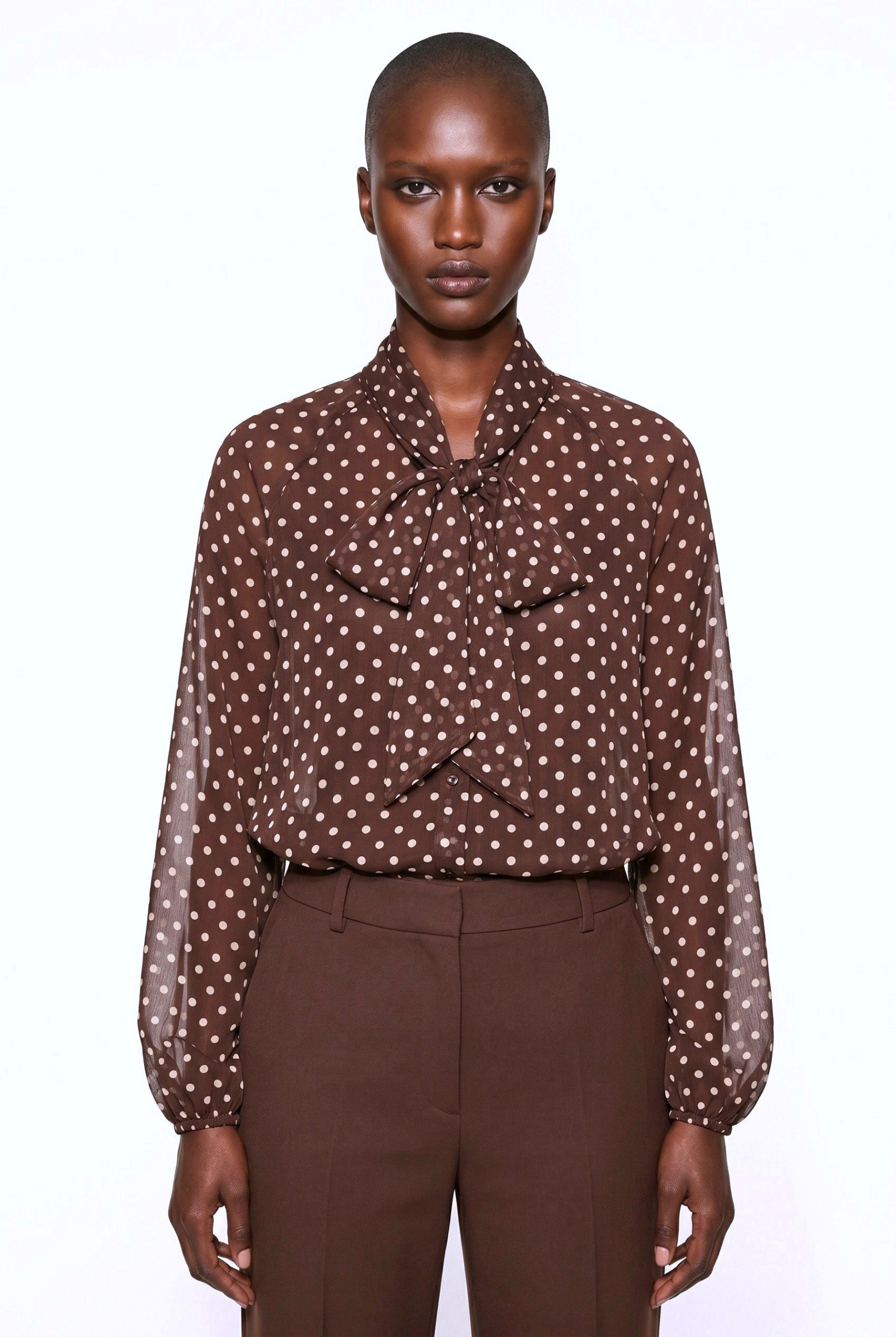 Wholesaler JAMILLA - Elegant Polka Dot Blouse with Bow Tie Neck in Chiffon