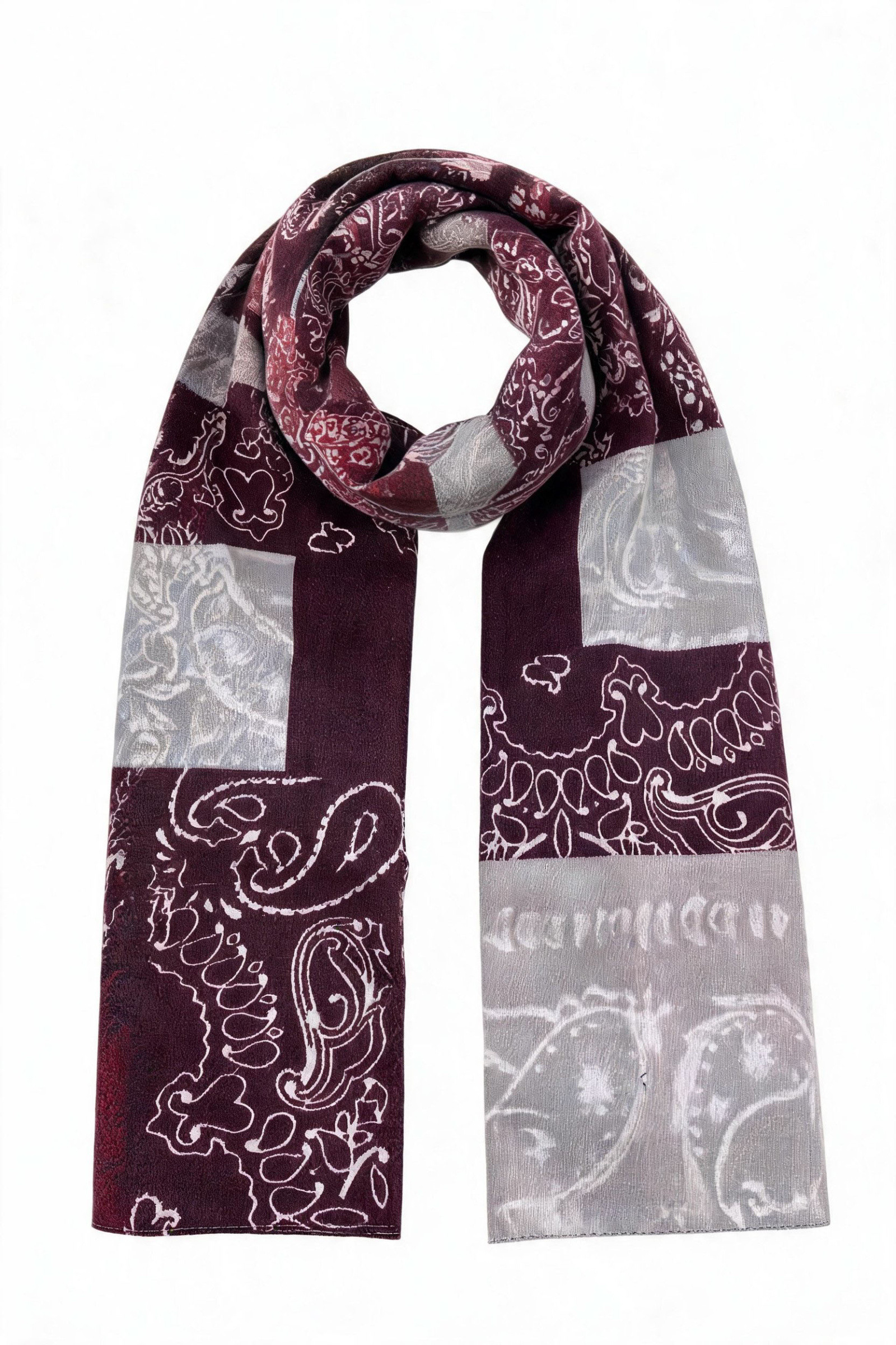Mayorista JAMILLA - Bufanda Estola Suave y Fluida con Estampado Étnico Paisley con Grecas y Bandas Horizontales