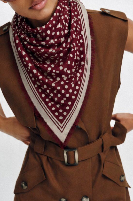 Wholesaler JAMILLA - Triangular Shawl Scarf in Soft Fabric with Polka Dot Print and Geometric Border