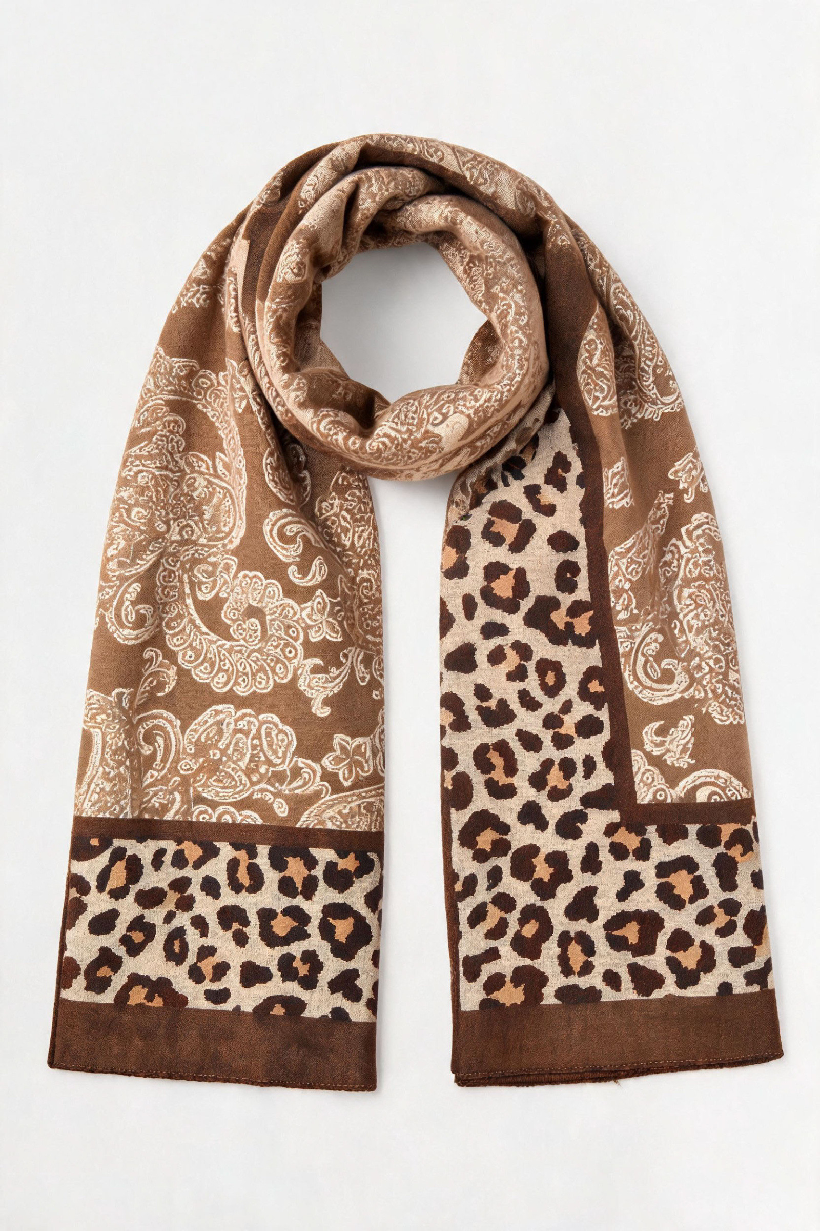 Grossista JAMILLA - Sciarpa Stola Morbida e Fluida con Stampa Combinata Paisley ed Animalier