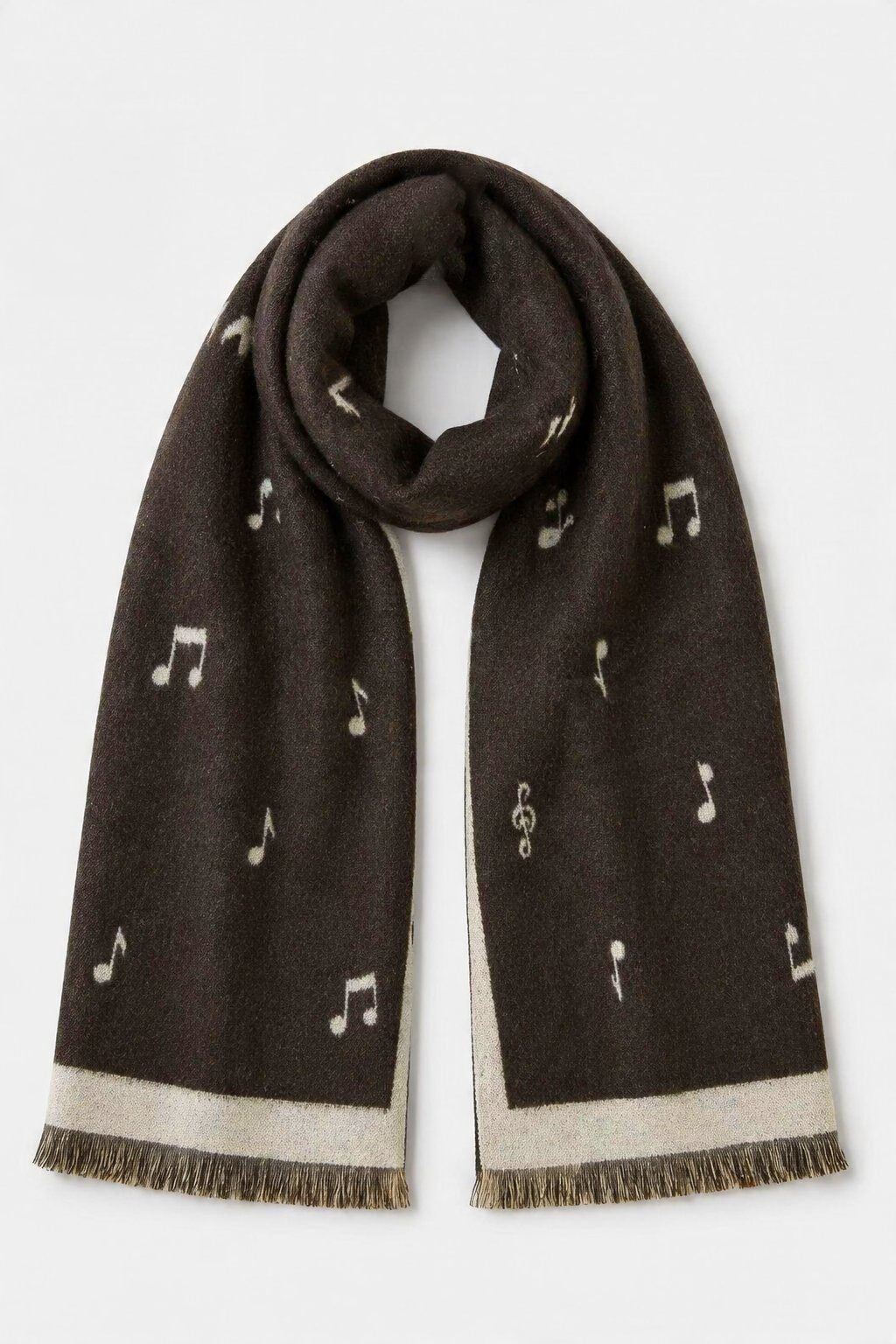 Grossista JAMILLA - Sciarpa Stola Morbida in Lavorazione Jacquard con Stampa Figurativa a Note Musicali e Cornice a Contrasto