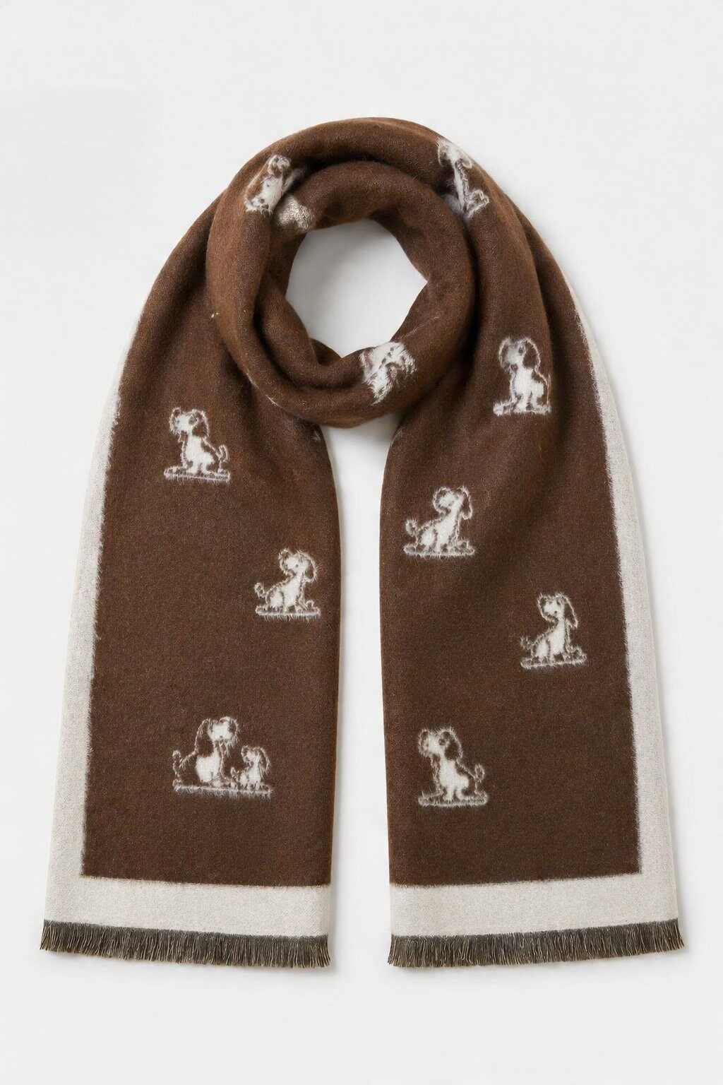 Grossista JAMILLA - Sciarpa Stola Morbida in Lavorazione Jacquard con Stampa Figurativa a Cagnolini e Cornice a Contrasto