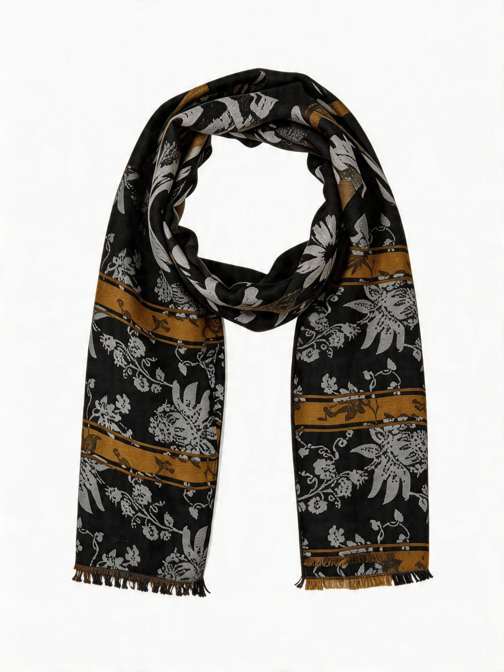 Wholesaler JAMILLA - Knitted Woven Shawl Scarf with Floral Pattern and Geometric Stripes
