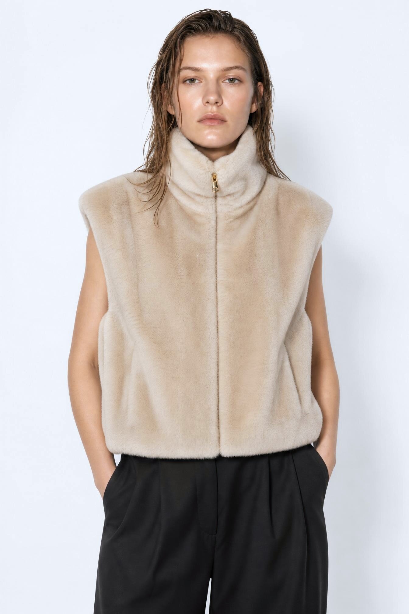 Grossista JAMILLA - Gilet Invernale in Eco-Pelliccia Effetto Visone con Cerniera Dorata