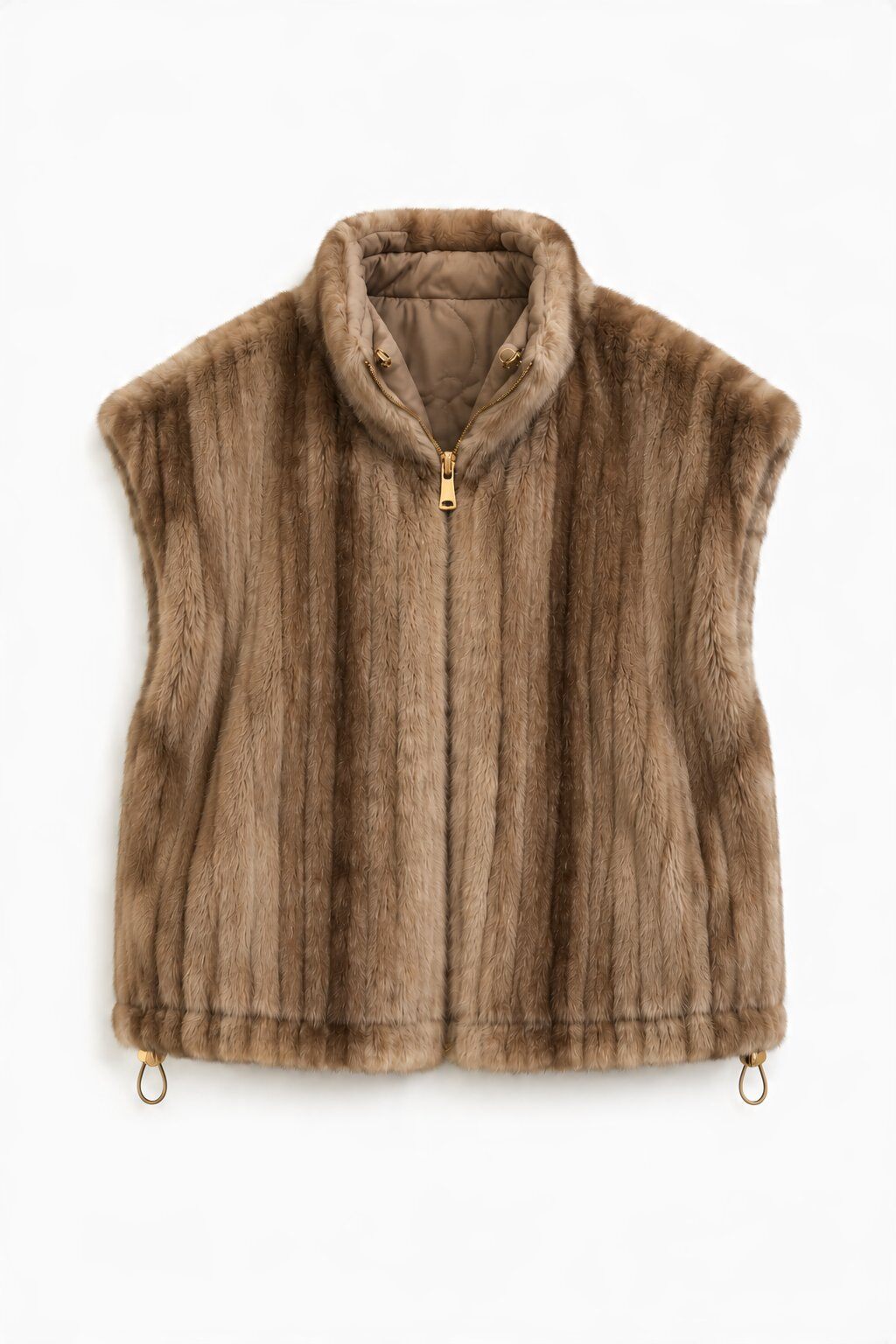 Grossiste JAMILLA - Gilet d'Hiver Réversible 2-en-1 en Fausse Fourrure à Cannelures Verticales et Nylon Matelassé