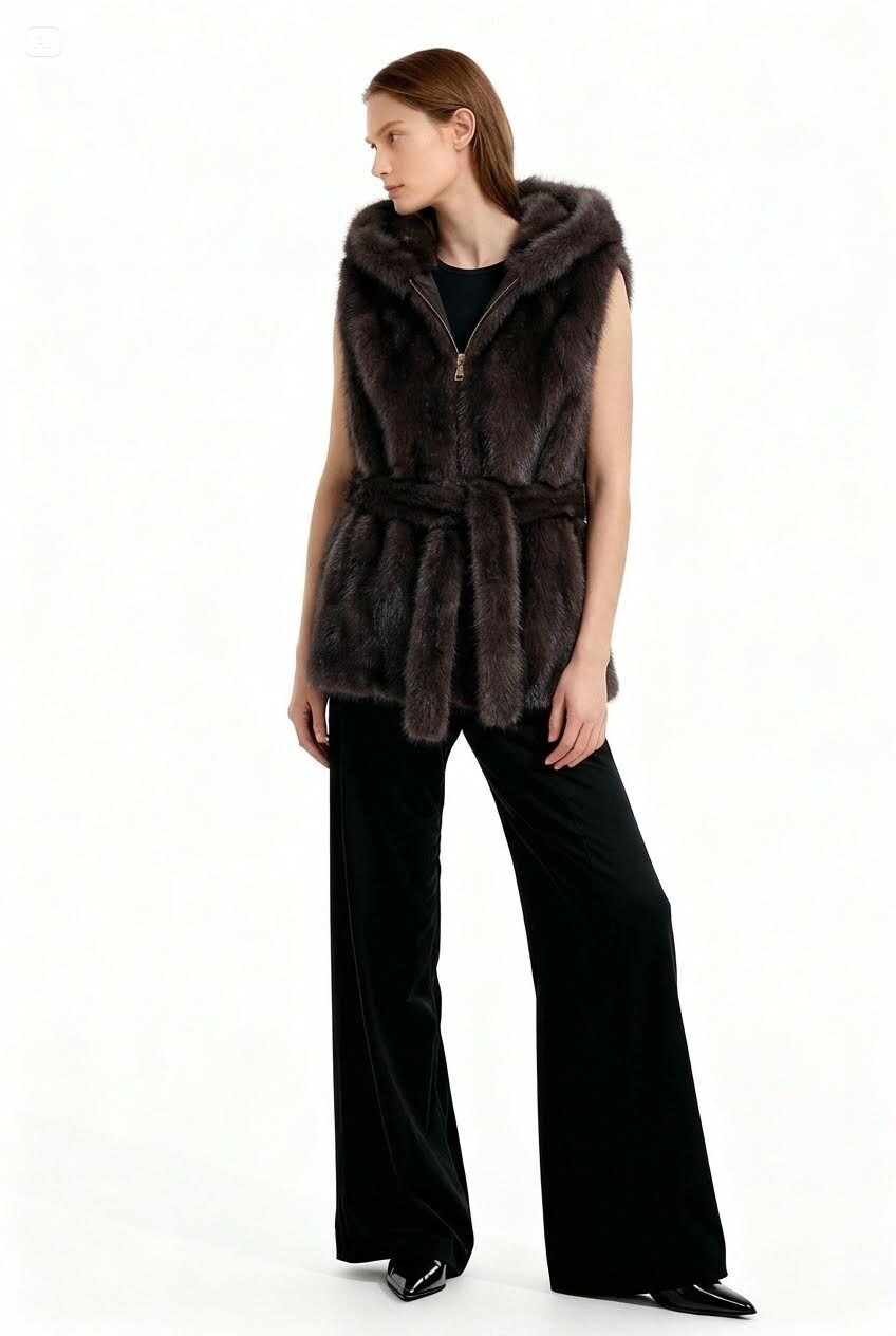 Grossiste Jamilla - Gilet en fausse fourrure avec zip, ceinture et capuche