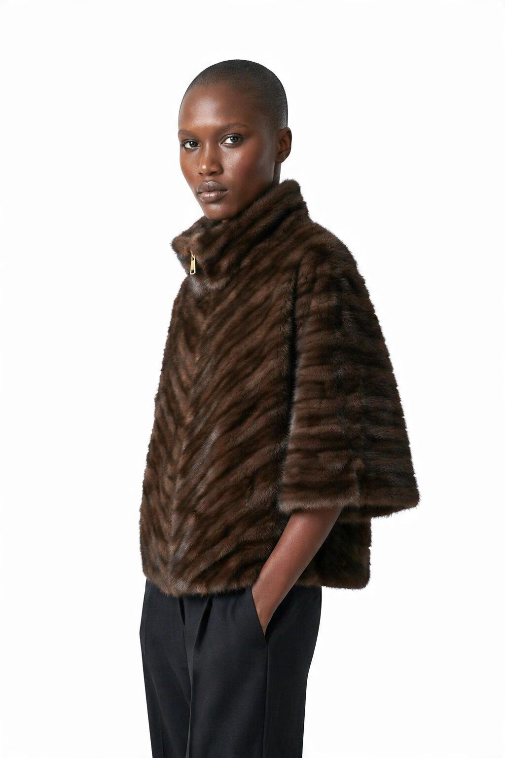 Wholesaler JAMILLA - Herringbone Faux Fur Cape Jacket with Three-Quarter Sleeves