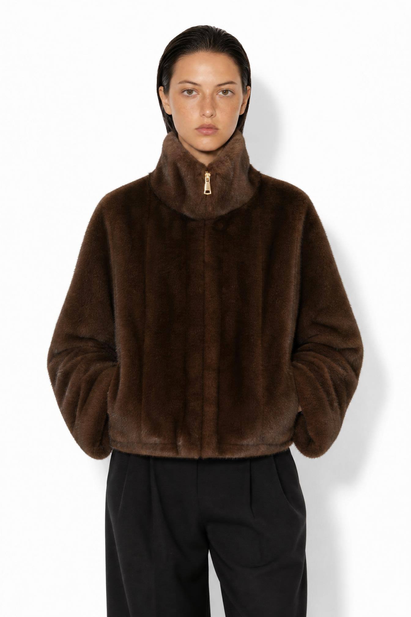 Wholesaler JAMILLA - Short Faux Fur Jacket with High Collar and Front Zipper
