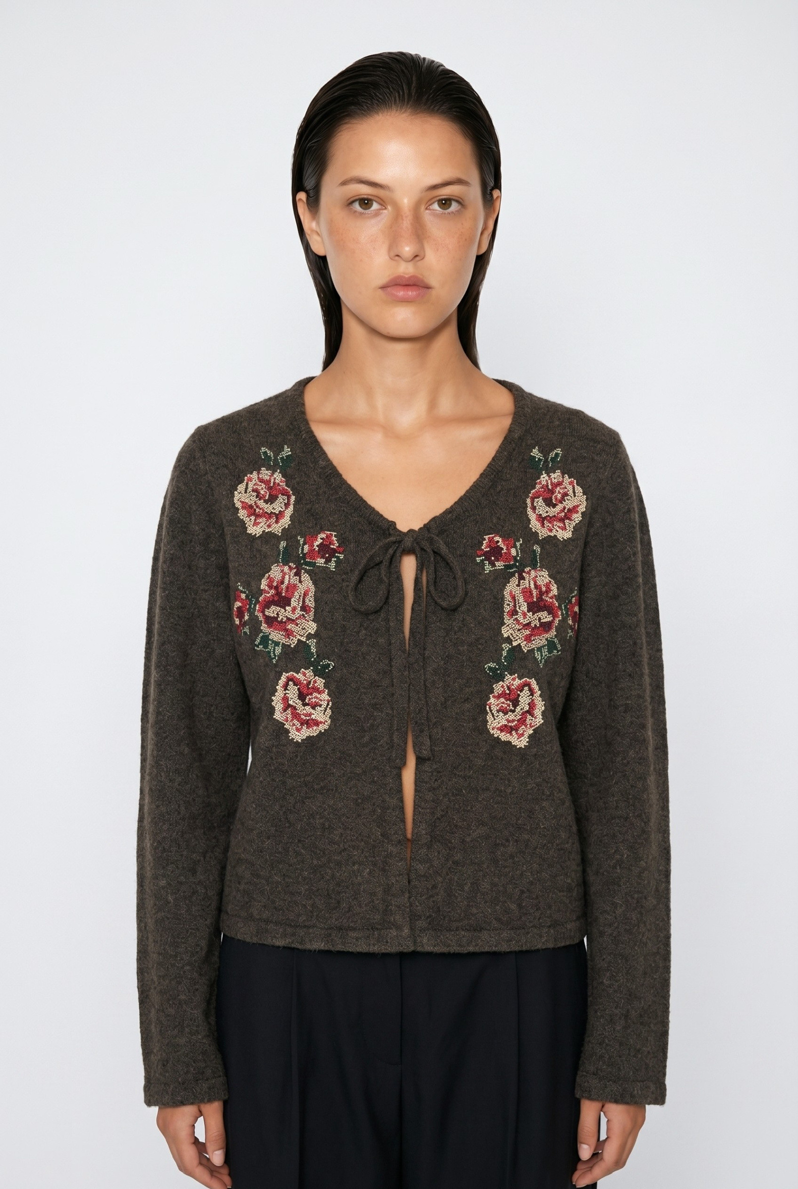 Wholesaler JAMILLA - Short Cardigan with Floral Embroidery and Front Bow Closure